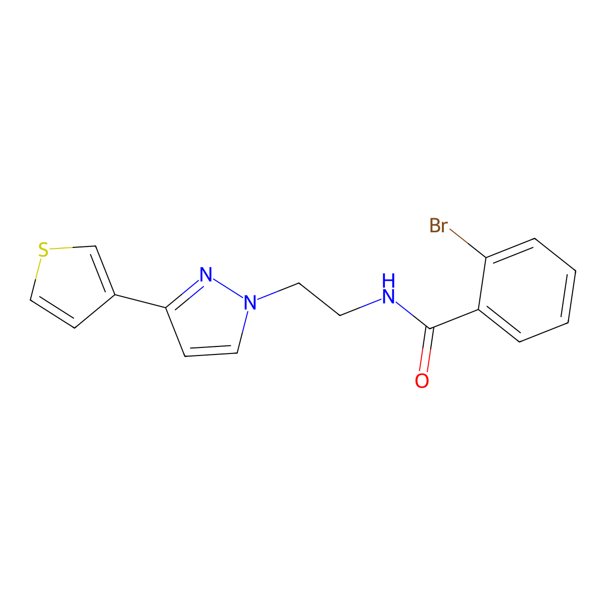 2-bromo-N-(2-(3-(thiophen-3-yl)-1H-pyrazol-1-yl)ethyl)benzamide molecular structure, CAS 2034366-09-9
