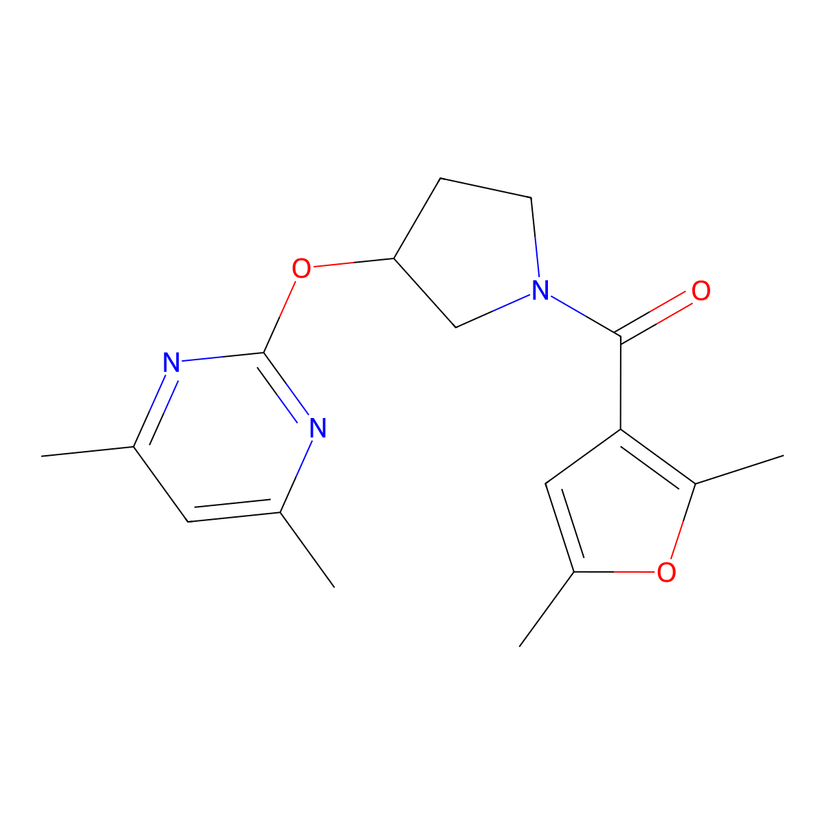 (2,5-Dimethylfuran-3-yl)(3-((4,6-dimethylpyrimidin-2-yl)oxy)pyrrolidin-1-yl)methanone molecular structure, CAS 2034366-12-4