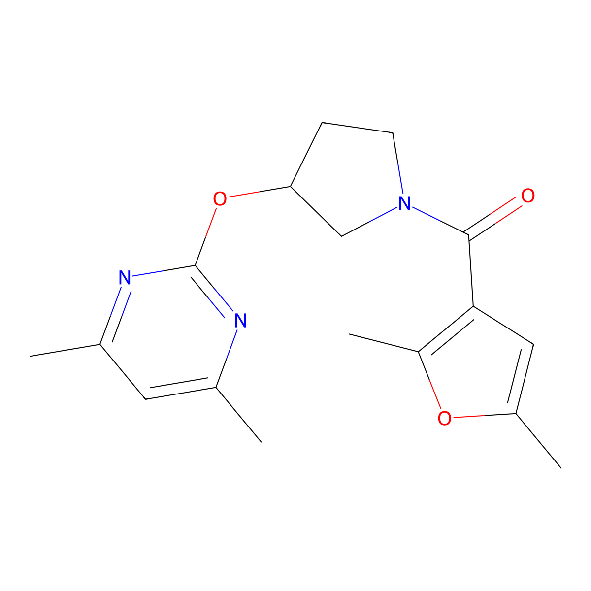 (2,5-Dimethylfuran-3-yl)(3-((4,6-dimethylpyrimidin-2-yl)oxy)pyrrolidin-1-yl)methanone molecular structure, CAS 2034366-12-4