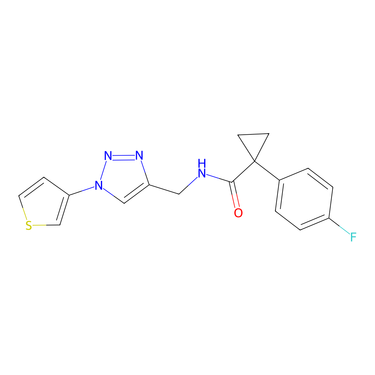 1-(4-fluorophenyl)-N-{[1-(thiophen-3-yl)-1H-1,2,3-triazol-4-yl]methyl}cyclopropane-1-carboxamide molecular structure, CAS 2034366-14-6