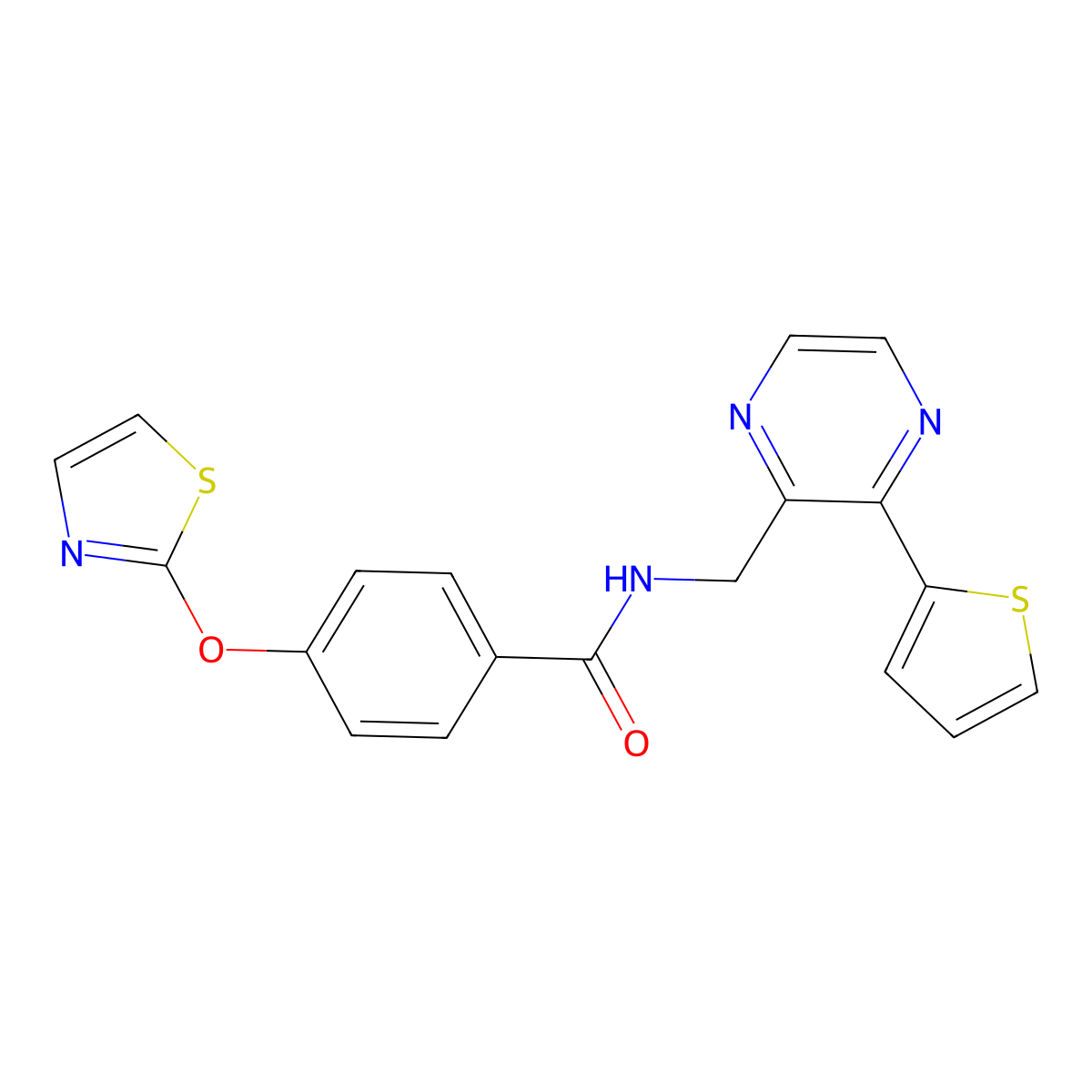 4-(thiazol-2-yloxy)-N-((3-(thiophen-2-yl)pyrazin-2-yl)methyl)benzamide molecular structure, CAS 2034366-37-3