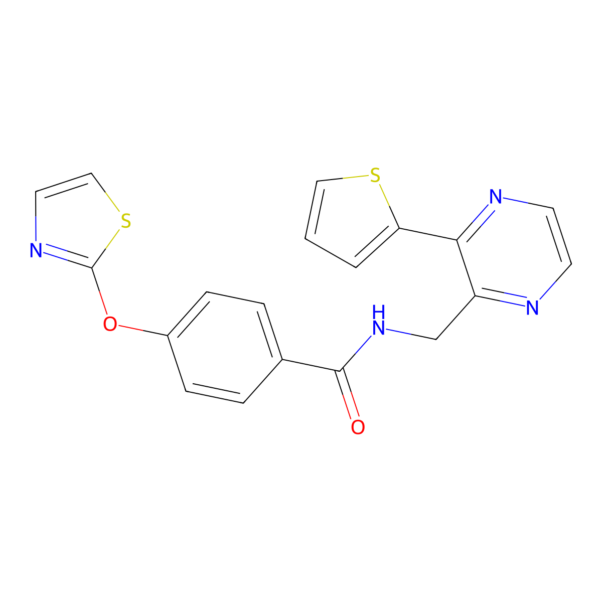 4-(thiazol-2-yloxy)-N-((3-(thiophen-2-yl)pyrazin-2-yl)methyl)benzamide molecular structure, CAS 2034366-37-3