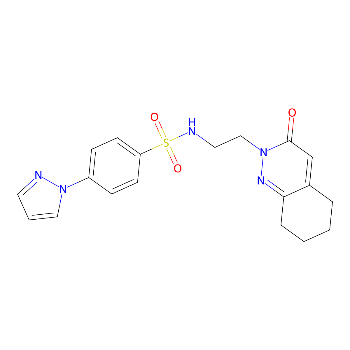 N-(2-(3-oxo-5,6,7,8-tetrahydrocinnolin-2(3H)-yl)ethyl)-4-(1H-pyrazol-1-yl)benzenesulfonamide molecular structure, CAS 2034366-42-0