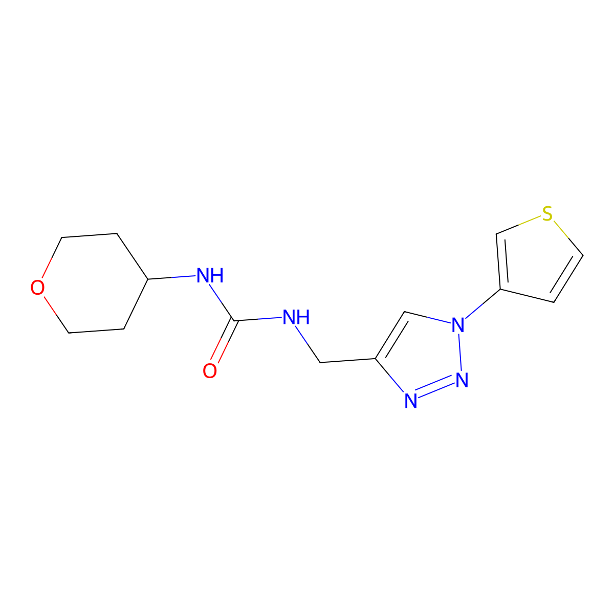 1-(tetrahydro-2H-pyran-4-yl)-3-((1-(thiophen-3-yl)-1H-1,2,3-triazol-4-yl)methyl)urea molecular structure, CAS 2034366-51-1
