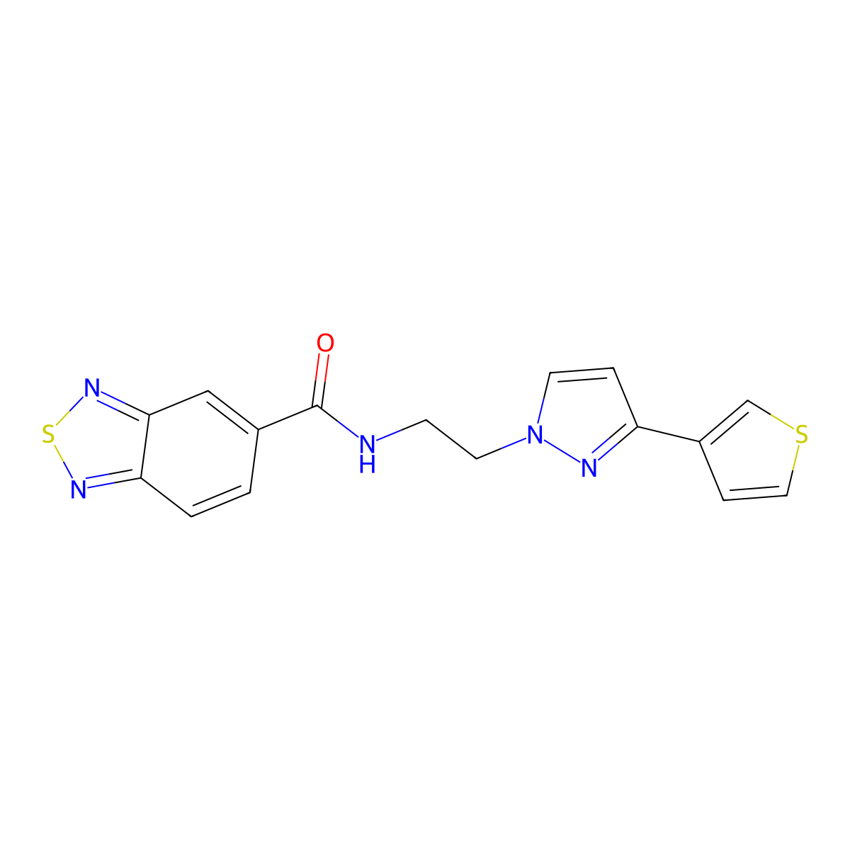 N-(2-(3-(thiophen-3-yl)-1H-pyrazol-1-yl)ethyl)benzo[c][1,2,5]thiadiazole-5-carboxamide molecular structure, CAS 2034366-57-7