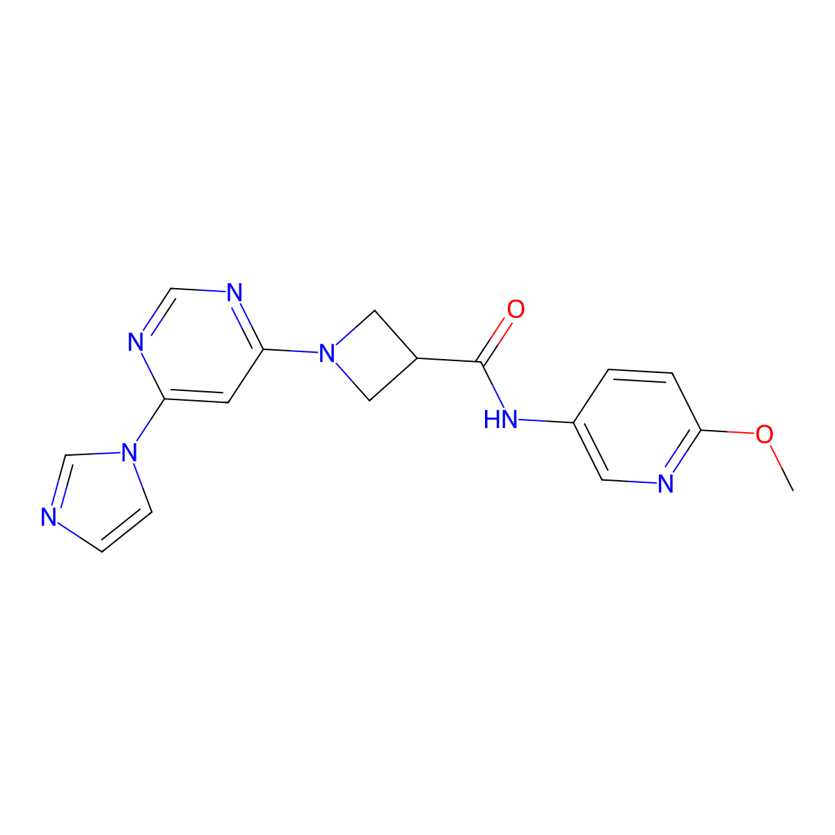 1-[6-(1H-imidazol-1-yl)pyrimidin-4-yl]-N-(6-methoxypyridin-3-yl)azetidine-3-carboxamide molecular structure, CAS 2034366-61-3