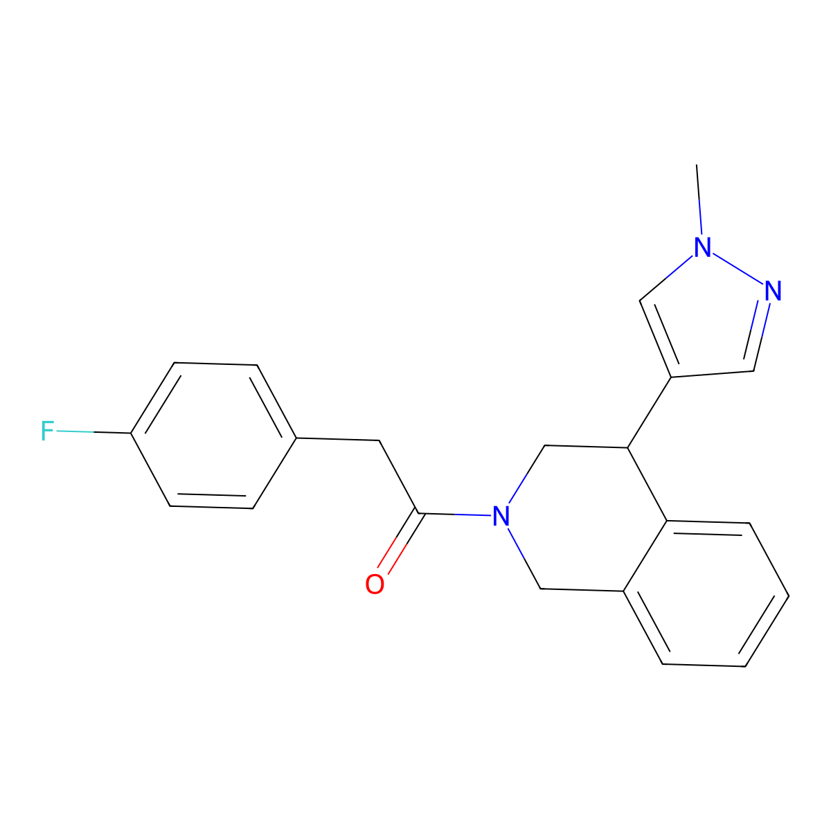 2-(4-fluorophenyl)-1-(4-(1-methyl-1H-pyrazol-4-yl)-3,4-dihydroisoquinolin-2(1H)-yl)ethanone molecular structure, CAS 2034366-69-1