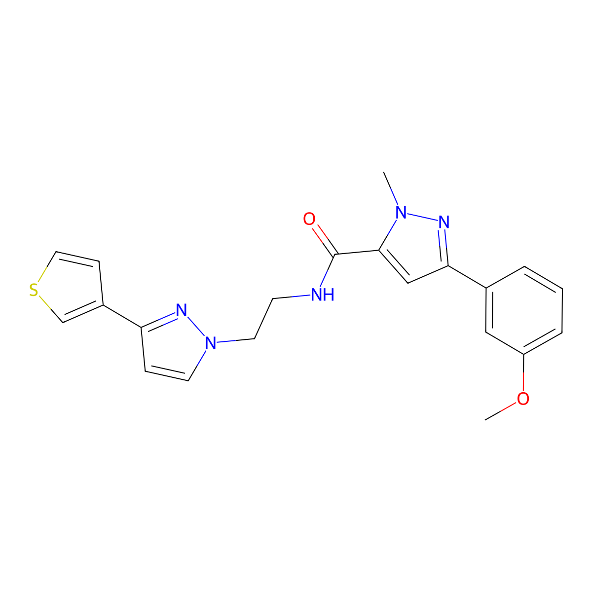 3-(3-methoxyphenyl)-1-methyl-N-(2-(3-(thiophen-3-yl)-1H-pyrazol-1-yl)ethyl)-1H-pyrazole-5-carboxamide molecular structure, CAS 2034366-70-4