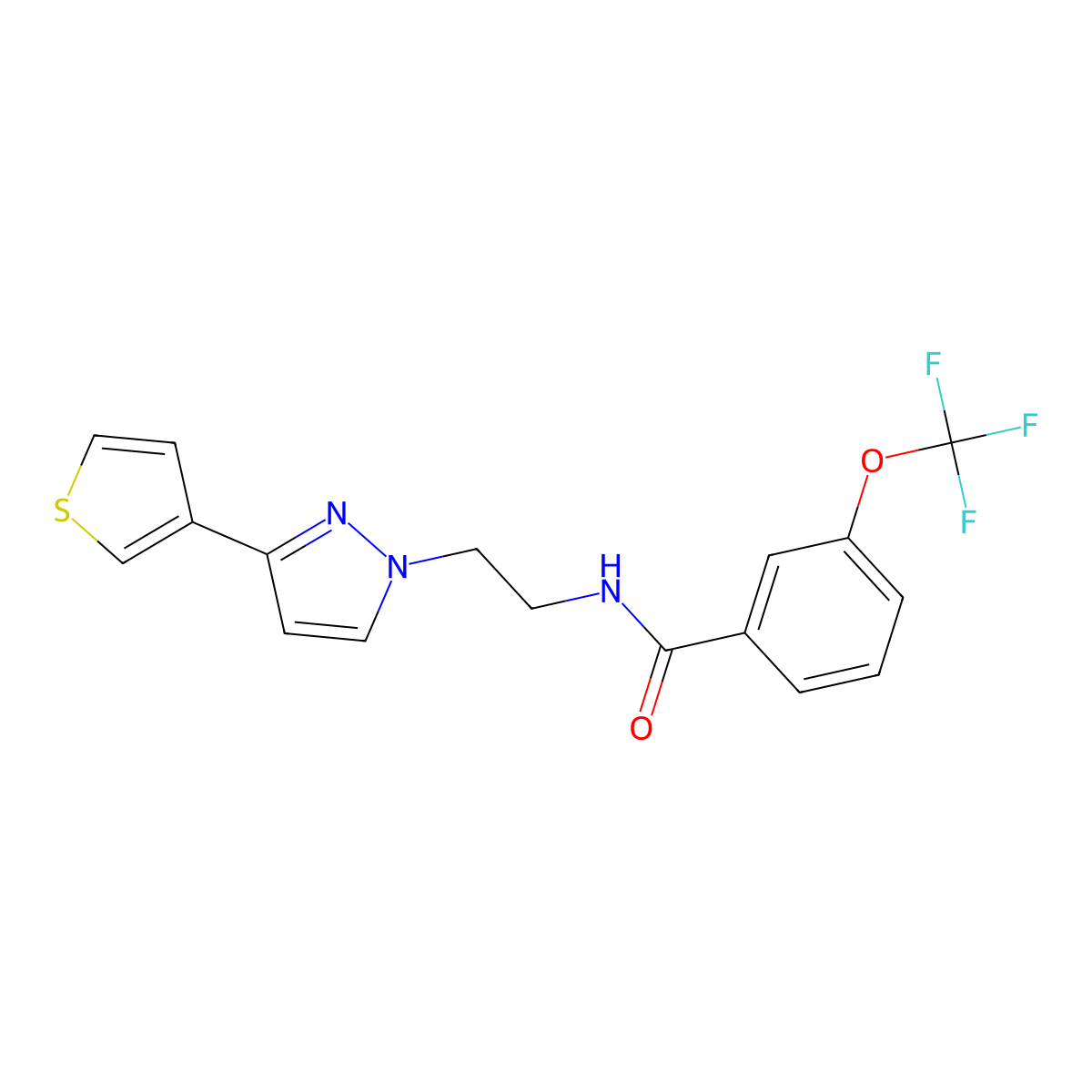 N-(2-(3-(thiophen-3-yl)-1H-pyrazol-1-yl)ethyl)-3-(trifluoromethoxy)benzamide molecular structure, CAS 2034366-74-8