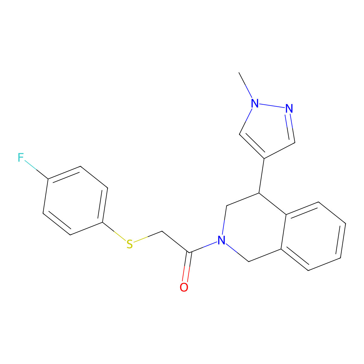 2-((4-fluorophenyl)thio)-1-(4-(1-methyl-1H-pyrazol-4-yl)-3,4-dihydroisoquinolin-2(1H)-yl)ethanone molecular structure, CAS 2034366-76-0