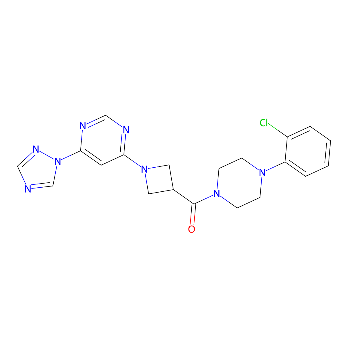 (1-(6-(1H-1,2,4-triazol-1-yl)pyrimidin-4-yl)azetidin-3-yl)(4-(2-chlorophenyl)piperazin-1-yl)methanone molecular structure, CAS 2034366-77-1