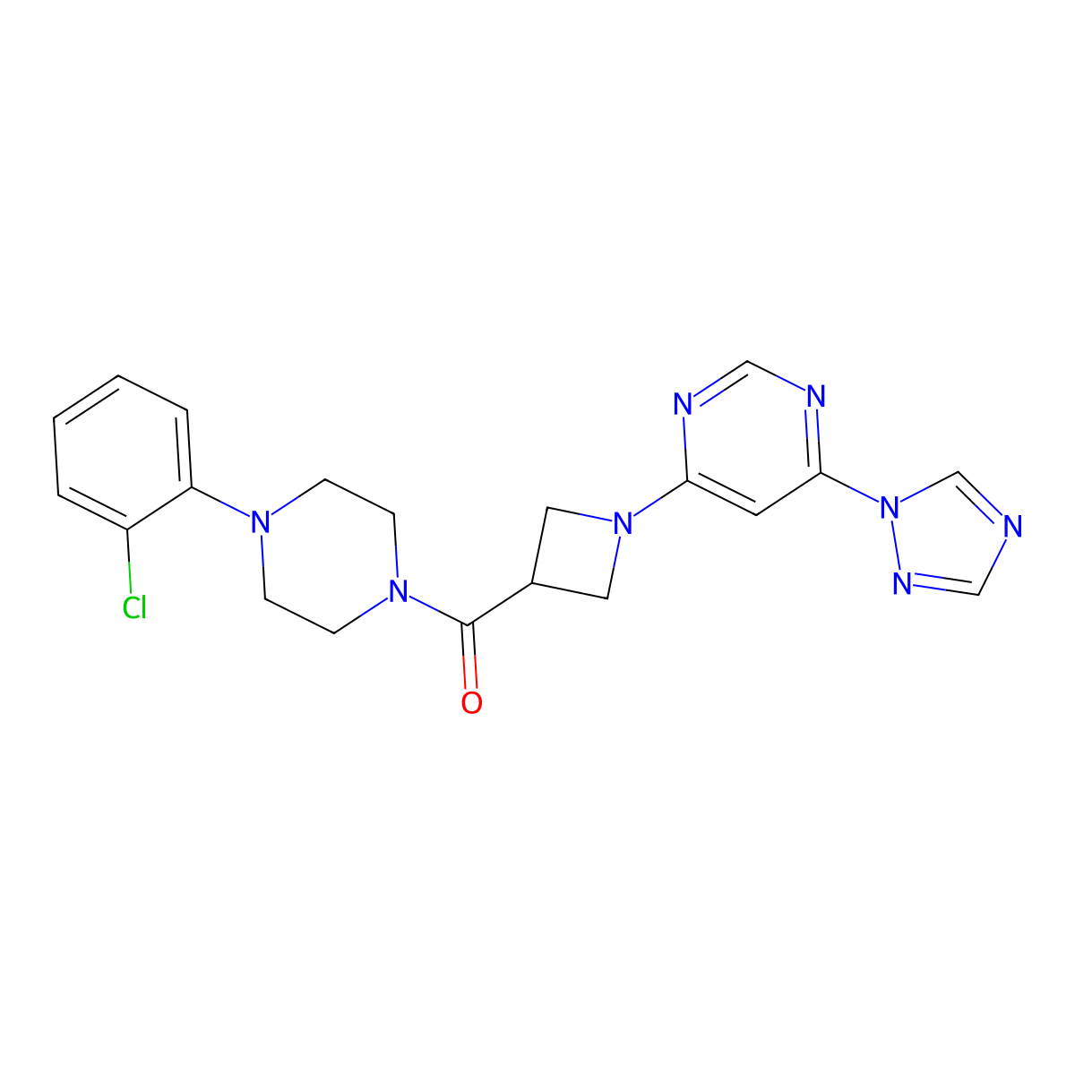 (1-(6-(1H-1,2,4-triazol-1-yl)pyrimidin-4-yl)azetidin-3-yl)(4-(2-chlorophenyl)piperazin-1-yl)methanone molecular structure, CAS 2034366-77-1