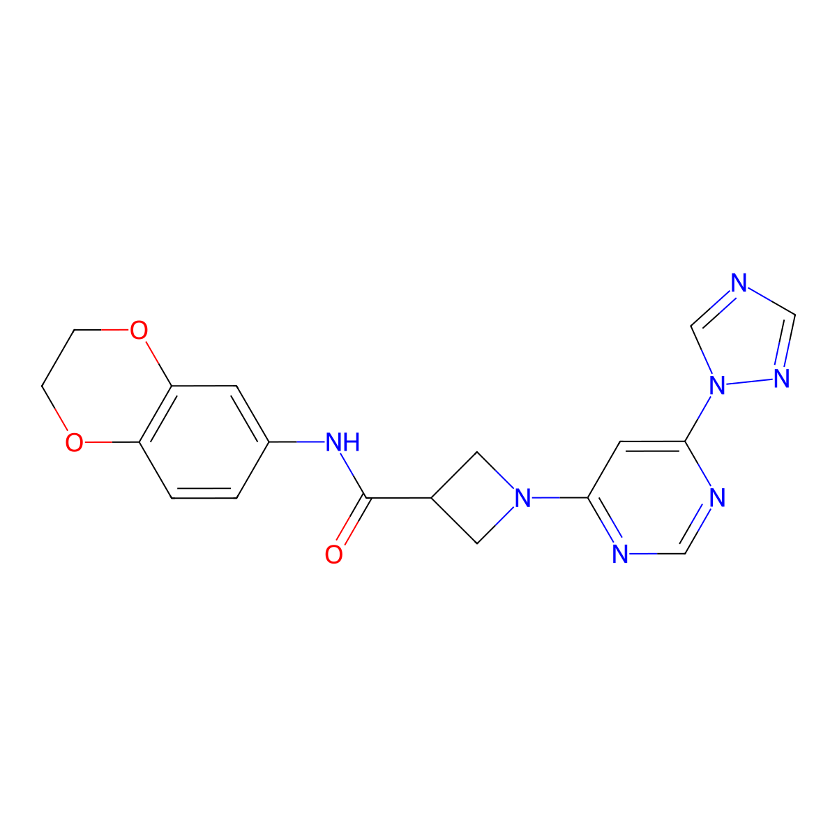 1-(6-(1H-1,2,4-triazol-1-yl)pyrimidin-4-yl)-N-(2,3-dihydrobenzo[b][1,4]dioxin-6-yl)azetidine-3-carboxamide molecular structure, CAS 2034366-82-8