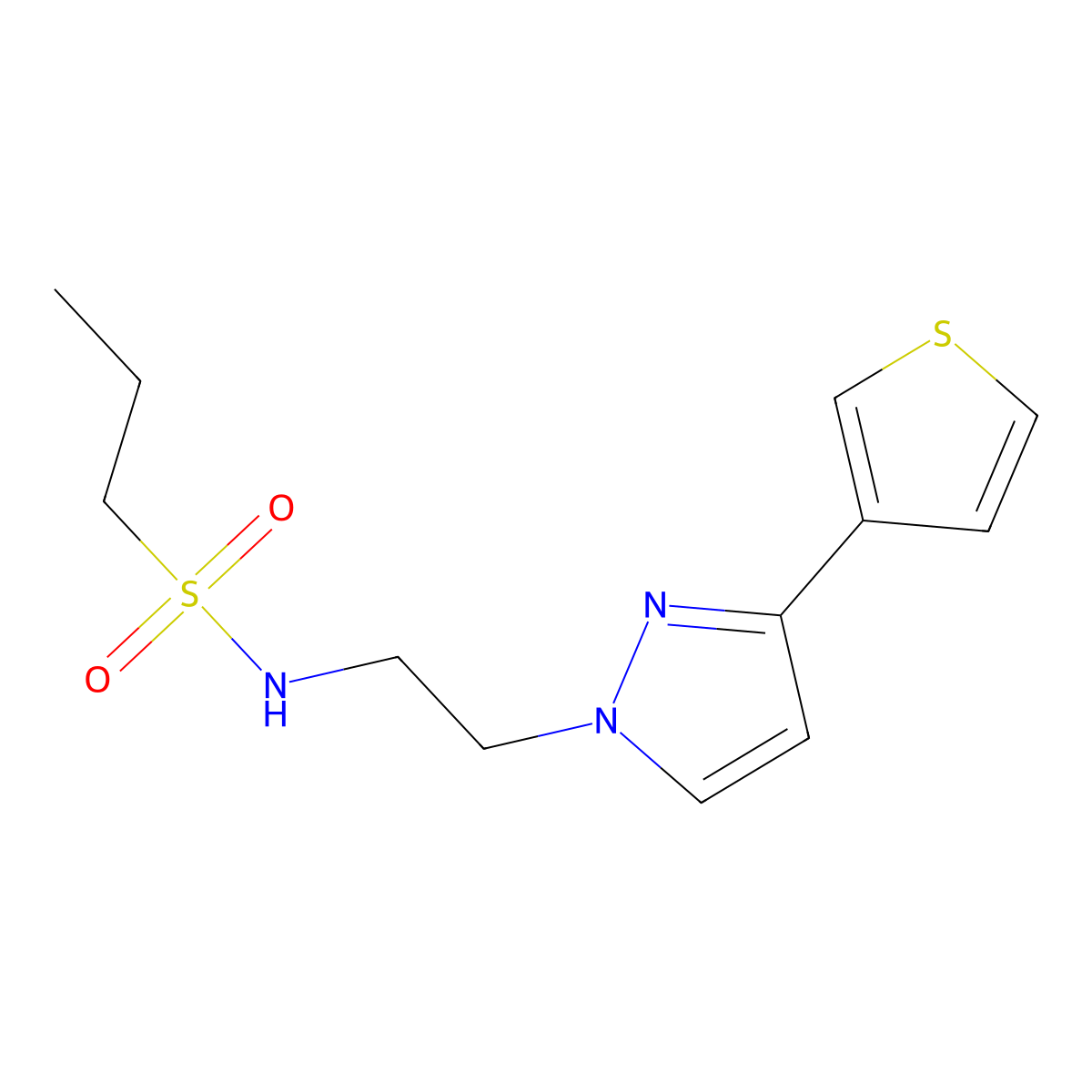 N-(2-(3-(thiophen-3-yl)-1H-pyrazol-1-yl)ethyl)propane-1-sulfonamide molecular structure, CAS 2034366-99-7