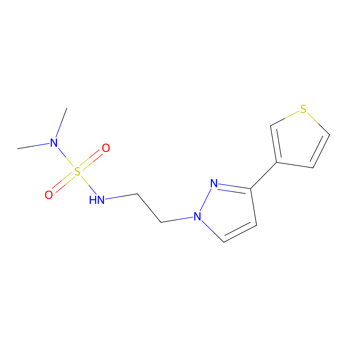 dimethyl({2-[3-(thiophen-3-yl)-1H-pyrazol-1-yl]ethyl}sulfamoyl)amine molecular structure, CAS 2034367-01-4