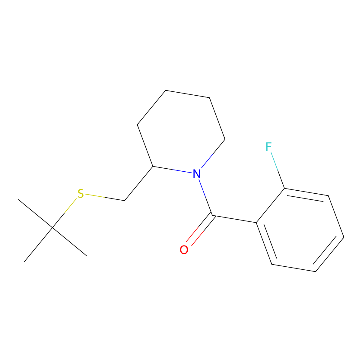 (2-((Tert-butylthio)methyl)piperidin-1-yl)(2-fluorophenyl)methanone molecular structure, CAS 2034367-11-6