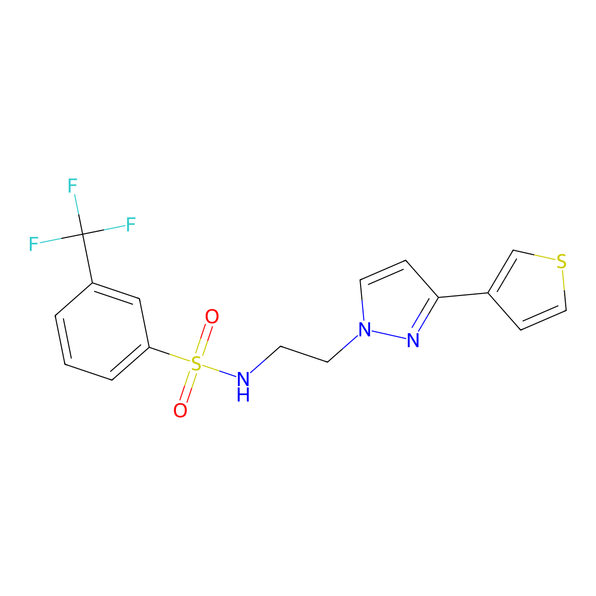 N-(2-(3-(thiophen-3-yl)-1H-pyrazol-1-yl)ethyl)-3-(trifluoromethyl)benzenesulfonamide molecular structure, CAS 2034367-12-7