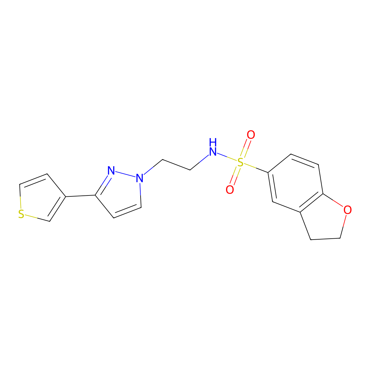 N-(2-(3-(thiophen-3-yl)-1H-pyrazol-1-yl)ethyl)-2,3-dihydrobenzofuran-5-sulfonamide molecular structure, CAS 2034367-24-1