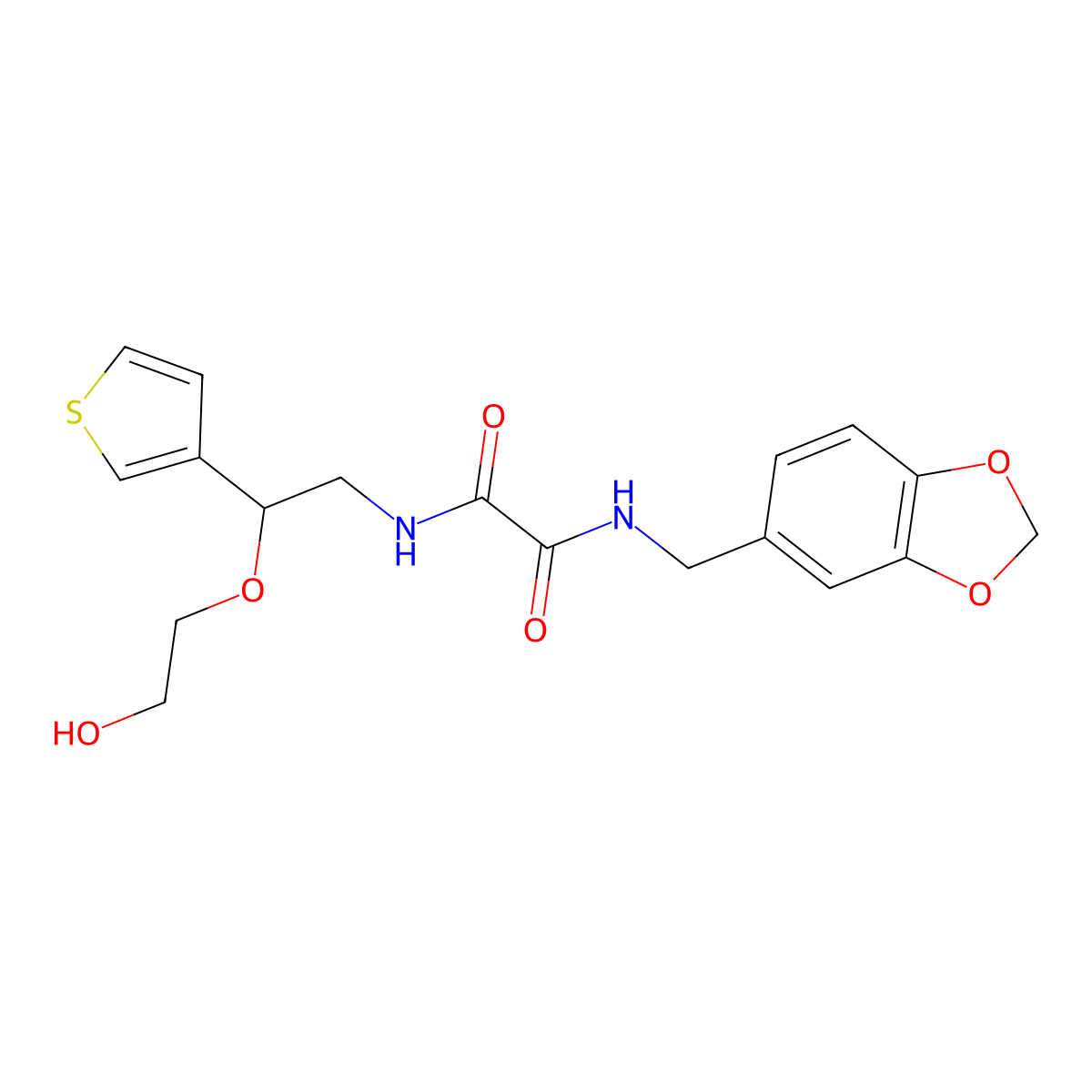 N1-(benzo[d][1,3]dioxol-5-ylmethyl)-N2-(2-(2-hydroxyethoxy)-2-(thiophen-3-yl)ethyl)oxalamide molecular structure, CAS 2034367-26-3
