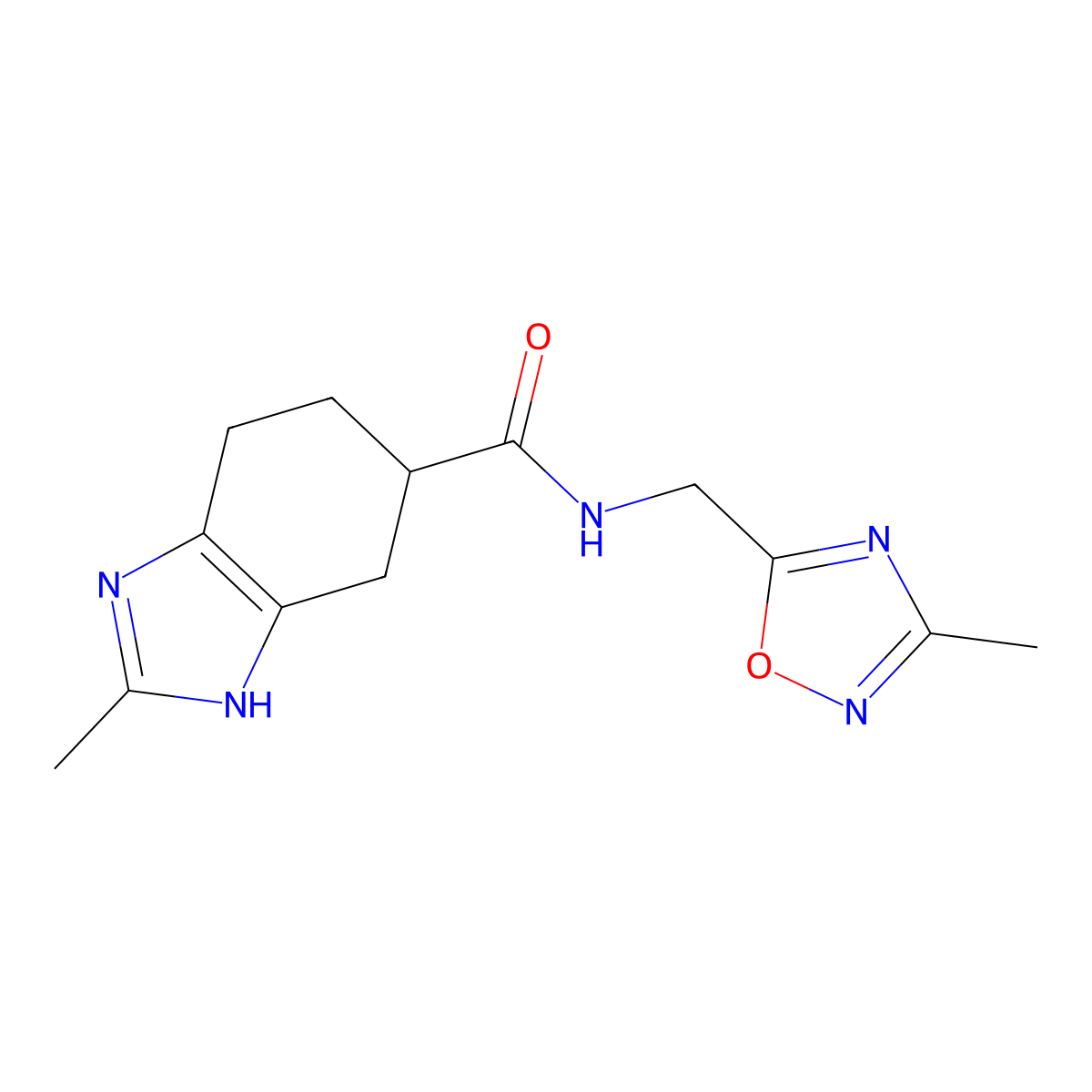 2-methyl-N-((3-methyl-1,2,4-oxadiazol-5-yl)methyl)-4,5,6,7-tetrahydro-1H-benzo[d]imidazole-5-carboxamide molecular structure, CAS 2034367-40-1