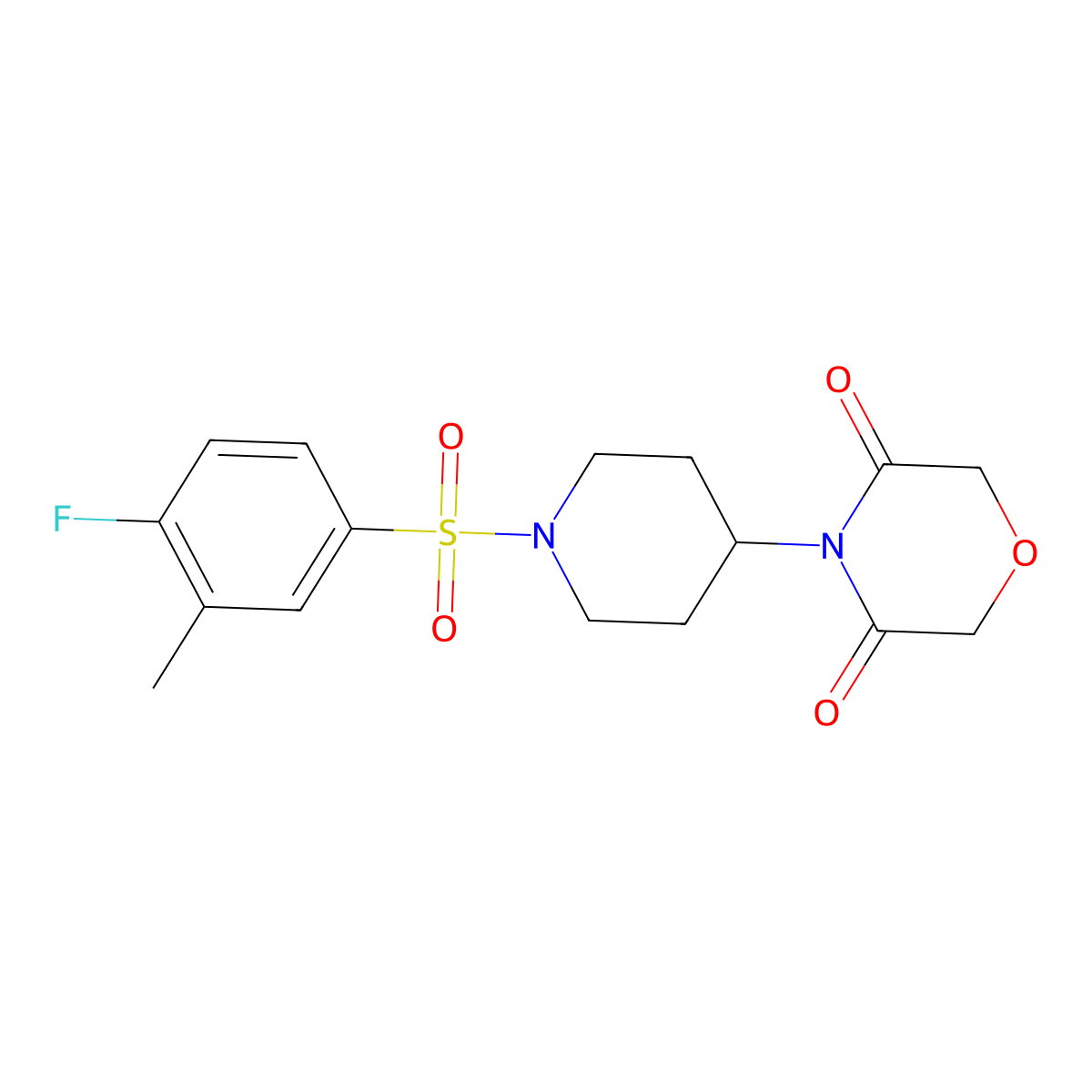 4-(1-((4-Fluoro-3-methylphenyl)sulfonyl)piperidin-4-yl)morpholine-3,5-dione molecular structure, CAS 2034367-47-8