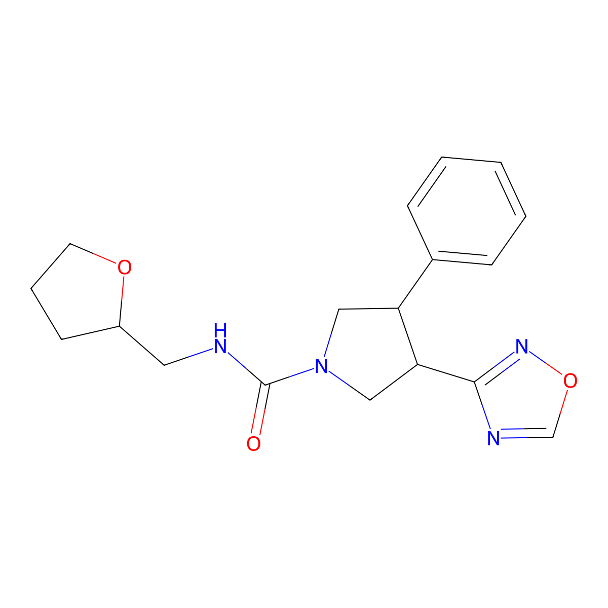3-(1,2,4-oxadiazol-3-yl)-4-phenyl-N-((tetrahydrofuran-2-yl)methyl)pyrrolidine-1-carboxamide molecular structure, CAS 2034367-74-1