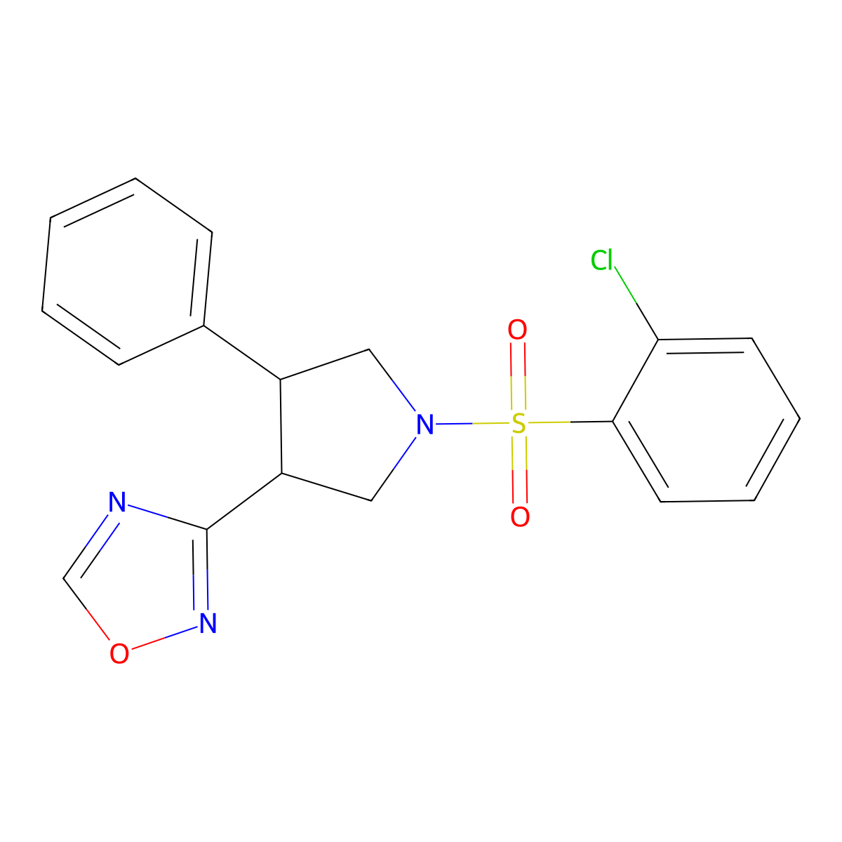 3-(1-((2-Chlorophenyl)sulfonyl)-4-phenylpyrrolidin-3-yl)-1,2,4-oxadiazole molecular structure, CAS 2034367-78-5