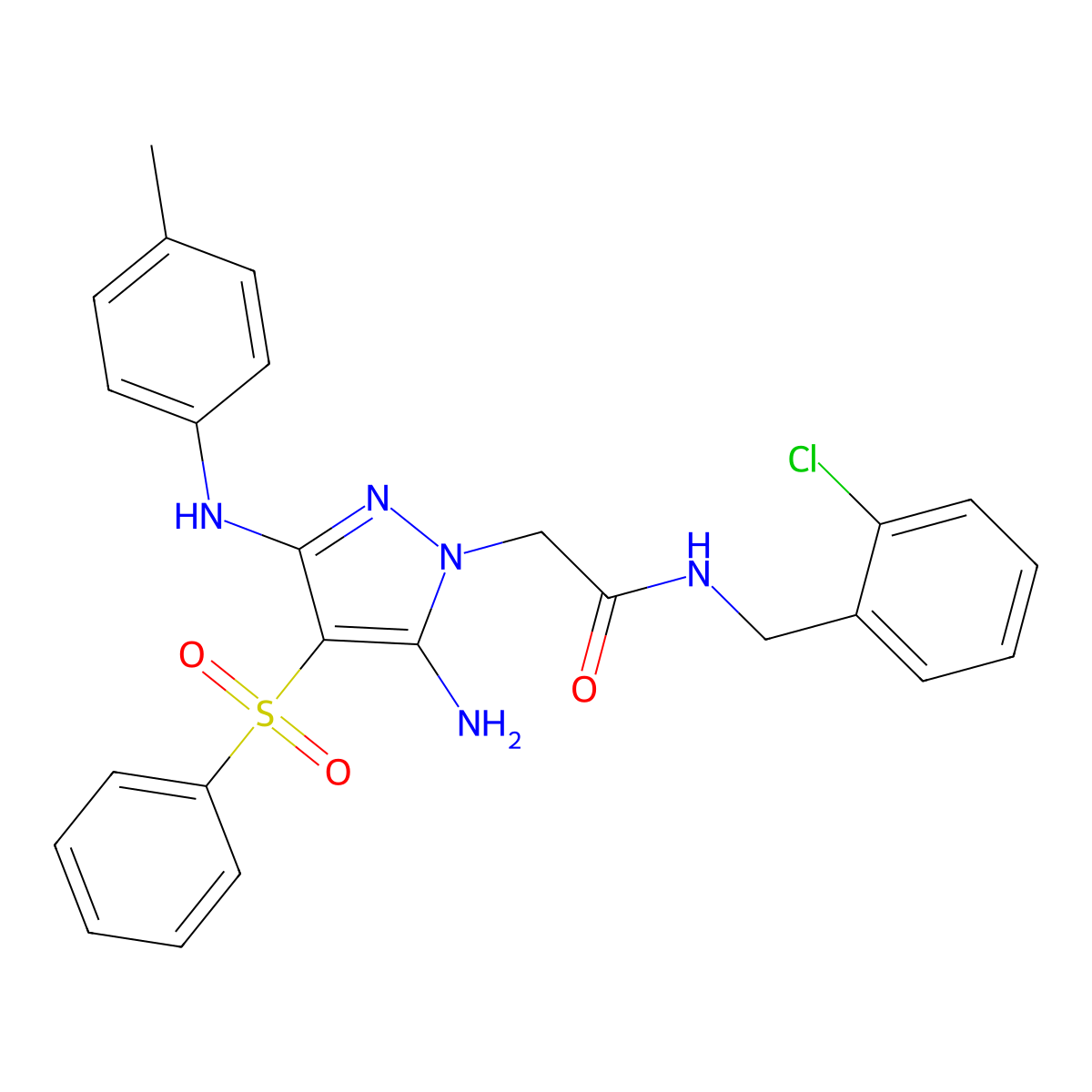 2-(5-amino-4-(phenylsulfonyl)-3-(p-tolylamino)-1H-pyrazol-1-yl)-N-(2-chlorobenzyl)acetamide molecular structure, CAS 2034367-92-3