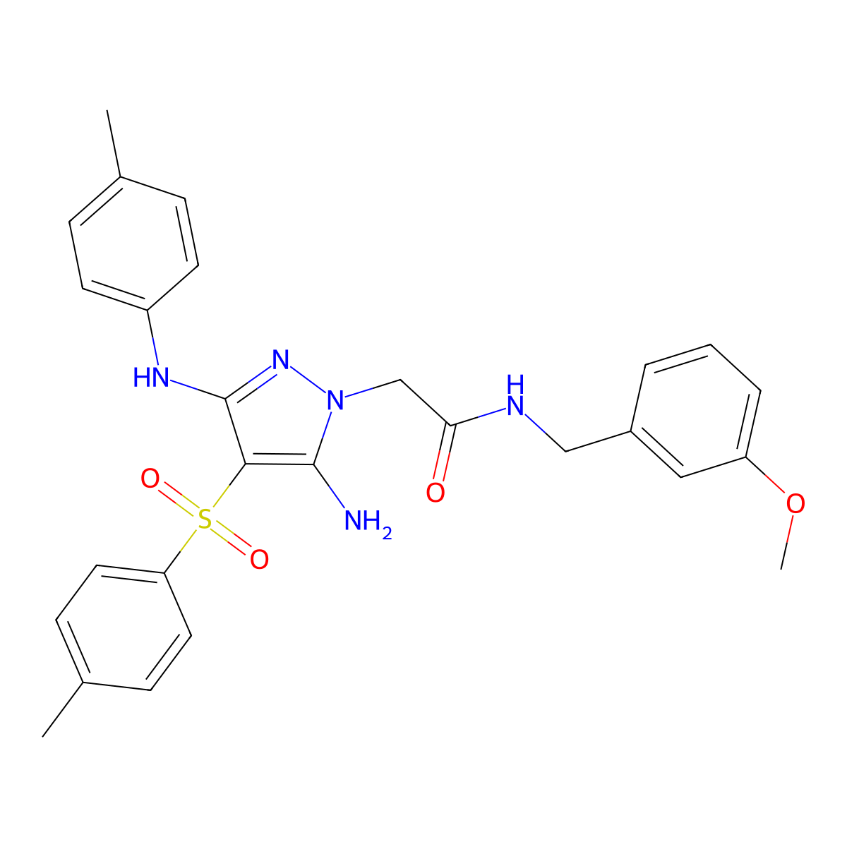 2-(5-amino-3-(p-tolylamino)-4-tosyl-1H-pyrazol-1-yl)-N-(3-methoxybenzyl)acetamide molecular structure, CAS 2034367-99-0