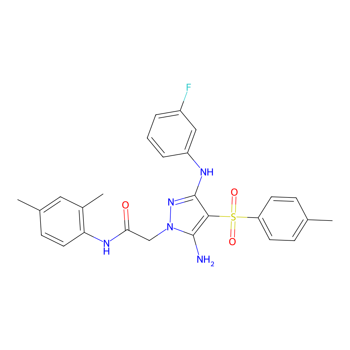 2-(5-amino-3-((3-fluorophenyl)amino)-4-tosyl-1H-pyrazol-1-yl)-N-(2,4-dimethylphenyl)acetamide molecular structure, CAS 2034368-04-0