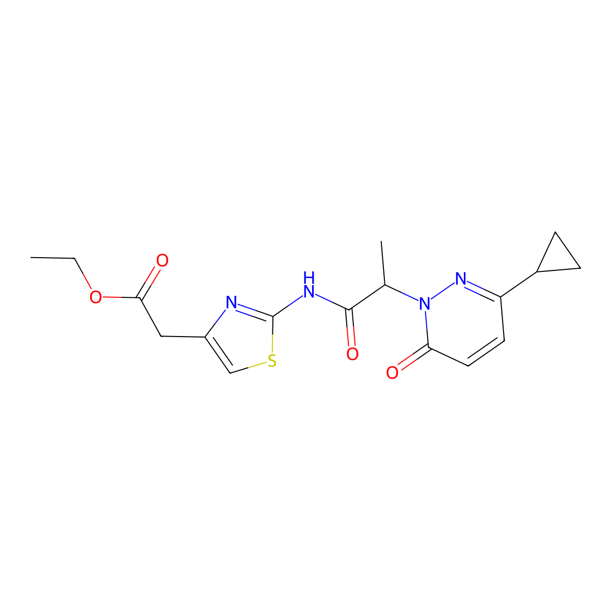 ethyl 2-(2-(2-(3-cyclopropyl-6-oxopyridazin-1(6H)-yl)propanamido)thiazol-4-yl)acetate molecular structure, CAS 2034368-08-4