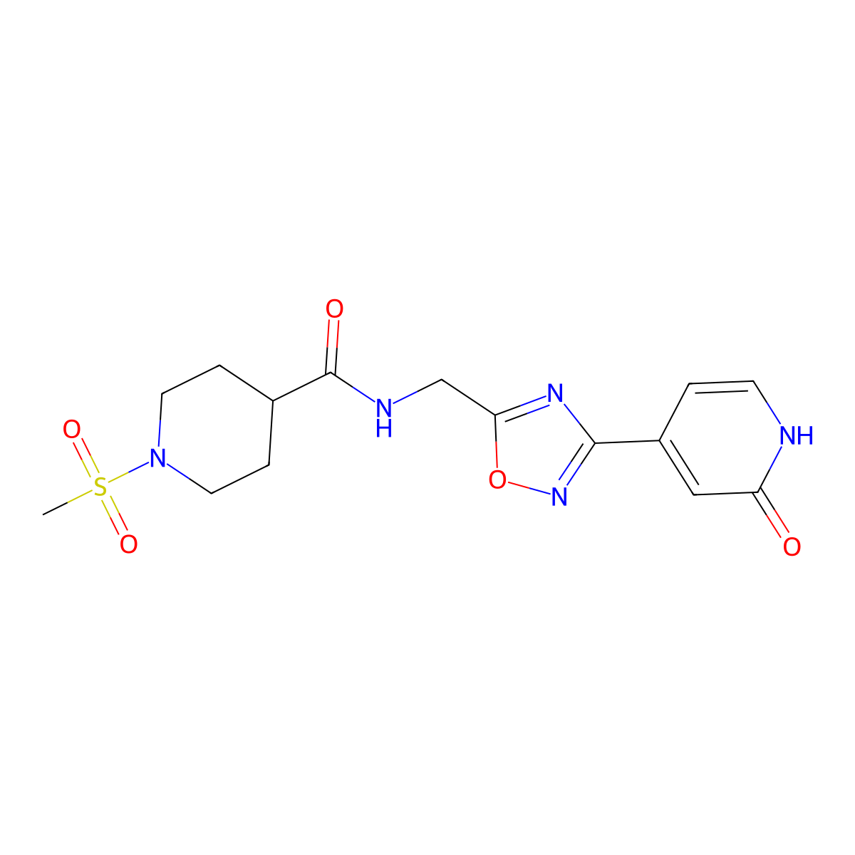 1-(methylsulfonyl)-N-((3-(2-oxo-1,2-dihydropyridin-4-yl)-1,2,4-oxadiazol-5-yl)methyl)piperidine-4-carboxamide molecular structure, CAS 2034368-17-5