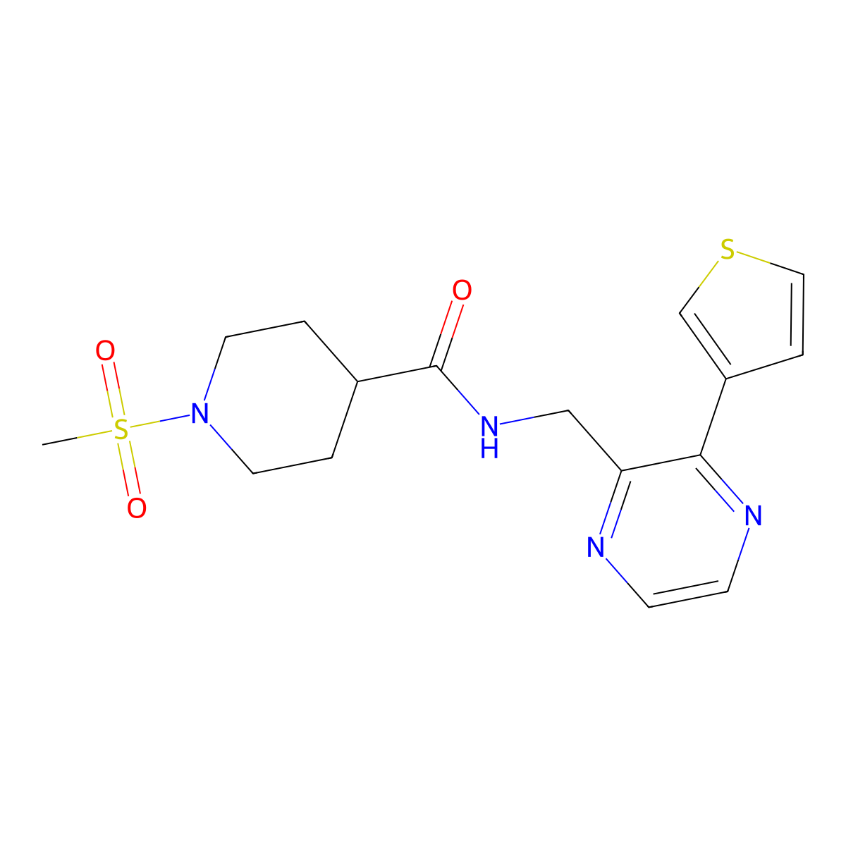 1-(methylsulfonyl)-N-((3-(thiophen-3-yl)pyrazin-2-yl)methyl)piperidine-4-carboxamide molecular structure, CAS 2034368-25-5