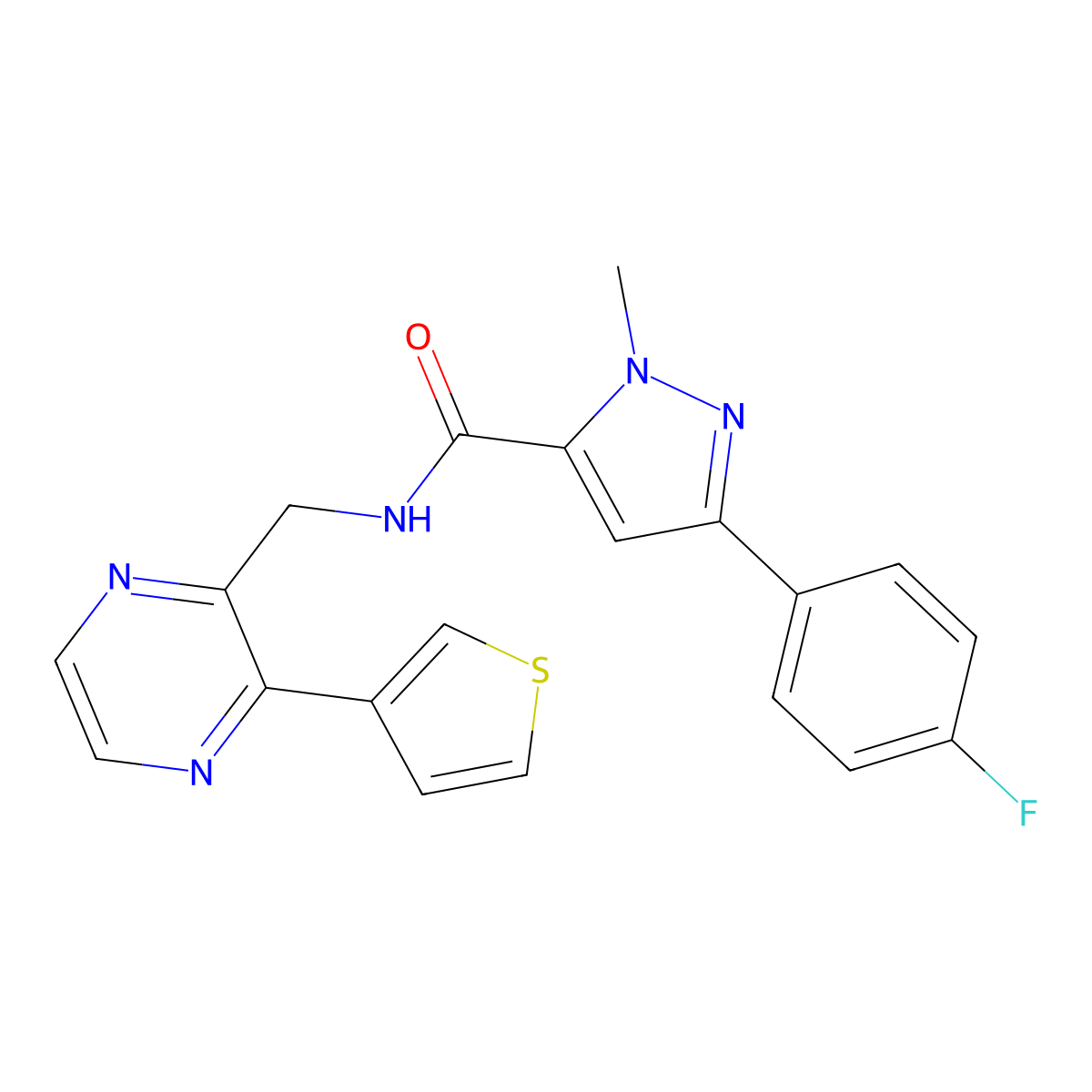 3-(4-fluorophenyl)-1-methyl-N-{[3-(thiophen-3-yl)pyrazin-2-yl]methyl}-1H-pyrazole-5-carboxamide molecular structure, CAS 2034368-32-4