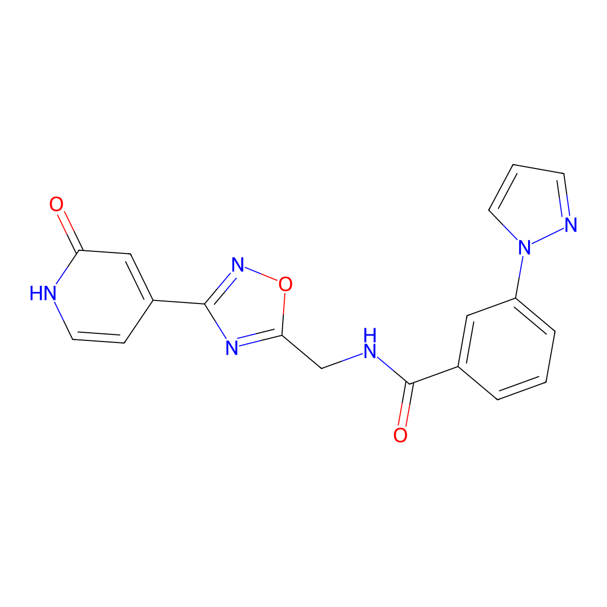 N-((3-(2-oxo-1,2-dihydropyridin-4-yl)-1,2,4-oxadiazol-5-yl)methyl)-3-(1H-pyrazol-1-yl)benzamide molecular structure, CAS 2034368-36-8