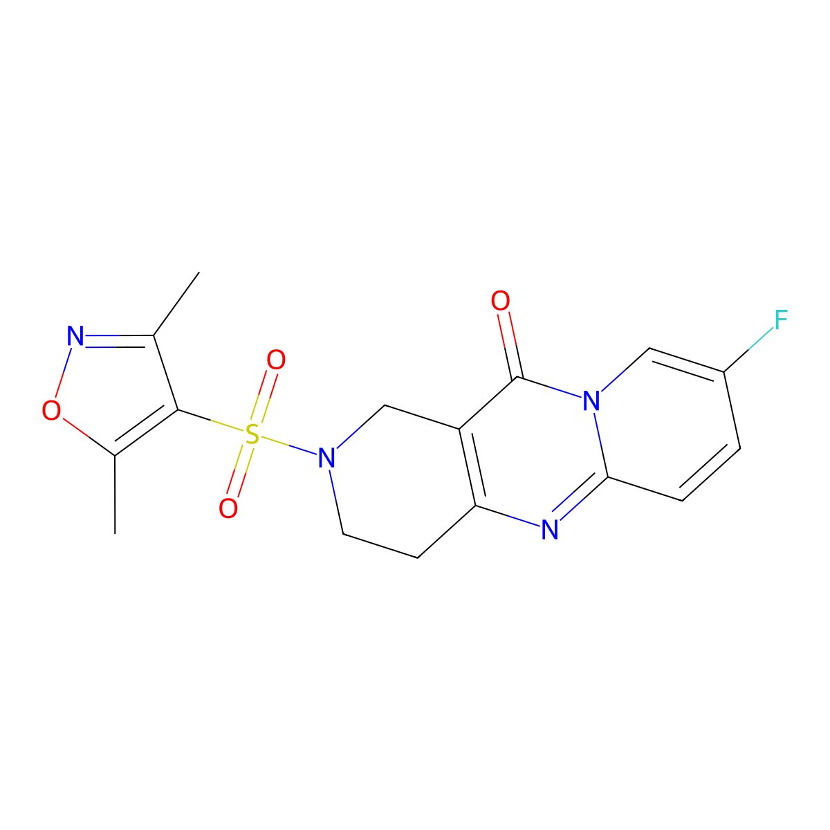 2-((3,5-dimethylisoxazol-4-yl)sulfonyl)-8-fluoro-3,4-dihydro-1H-dipyrido[1,2-a:4',3'-d]pyrimidin-11(2H)-one molecular structure, CAS 2034368-38-0