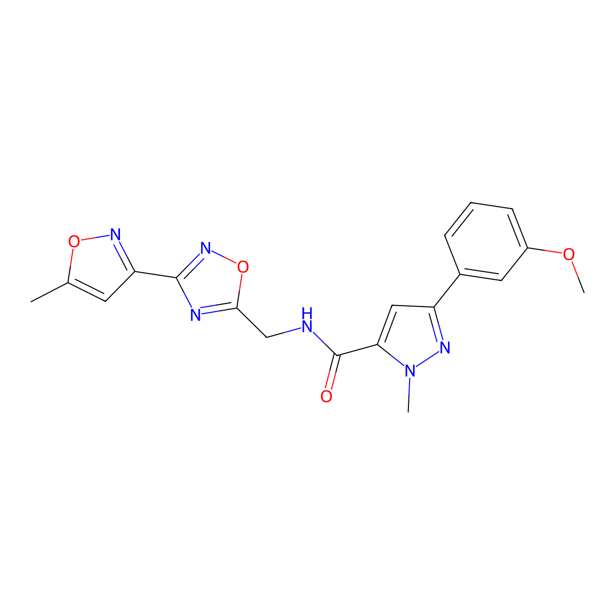 3-(3-methoxyphenyl)-1-methyl-N-((3-(5-methylisoxazol-3-yl)-1,2,4-oxadiazol-5-yl)methyl)-1H-pyrazole-5-carboxamide molecular structure, CAS 2034368-47-1