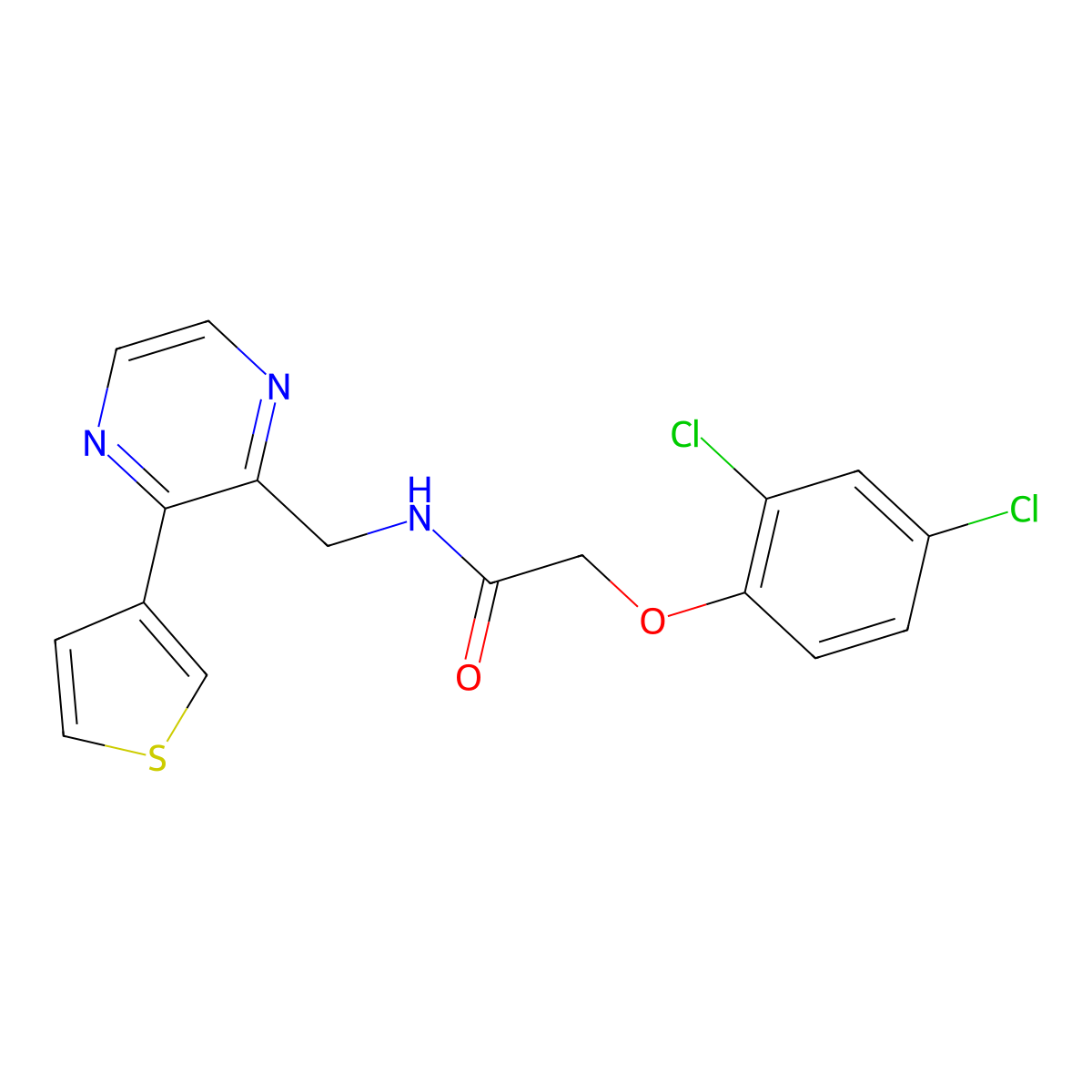 2-(2,4-dichlorophenoxy)-N-{[3-(thiophen-3-yl)pyrazin-2-yl]methyl}acetamide molecular structure, CAS 2034368-58-4