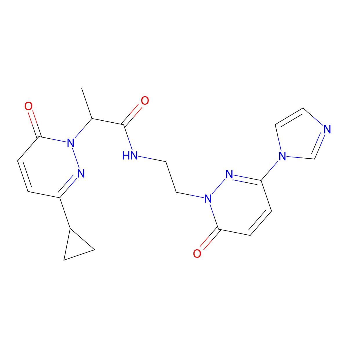 N-(2-(3-(1H-imidazol-1-yl)-6-oxopyridazin-1(6H)-yl)ethyl)-2-(3-cyclopropyl-6-oxopyridazin-1(6H)-yl)propanamide molecular structure, CAS 2034368-59-5