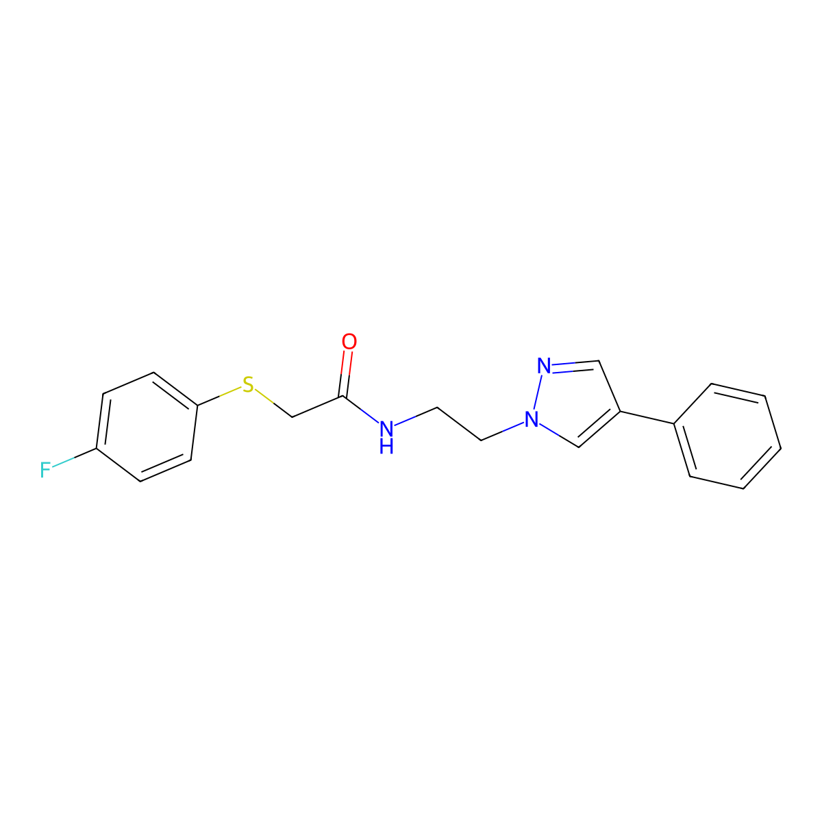 2-((4-fluorophenyl)thio)-N-(2-(4-phenyl-1H-pyrazol-1-yl)ethyl)acetamide molecular structure, CAS 2034368-80-2