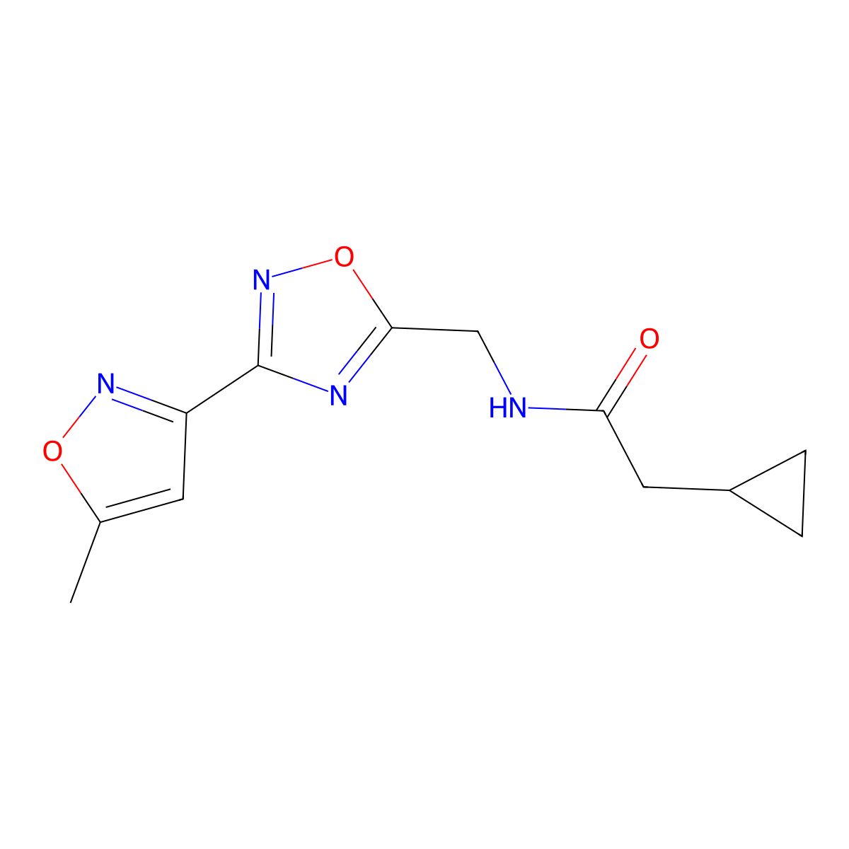 2-cyclopropyl-N-((3-(5-methylisoxazol-3-yl)-1,2,4-oxadiazol-5-yl)methyl)acetamide molecular structure, CAS 2034368-83-5