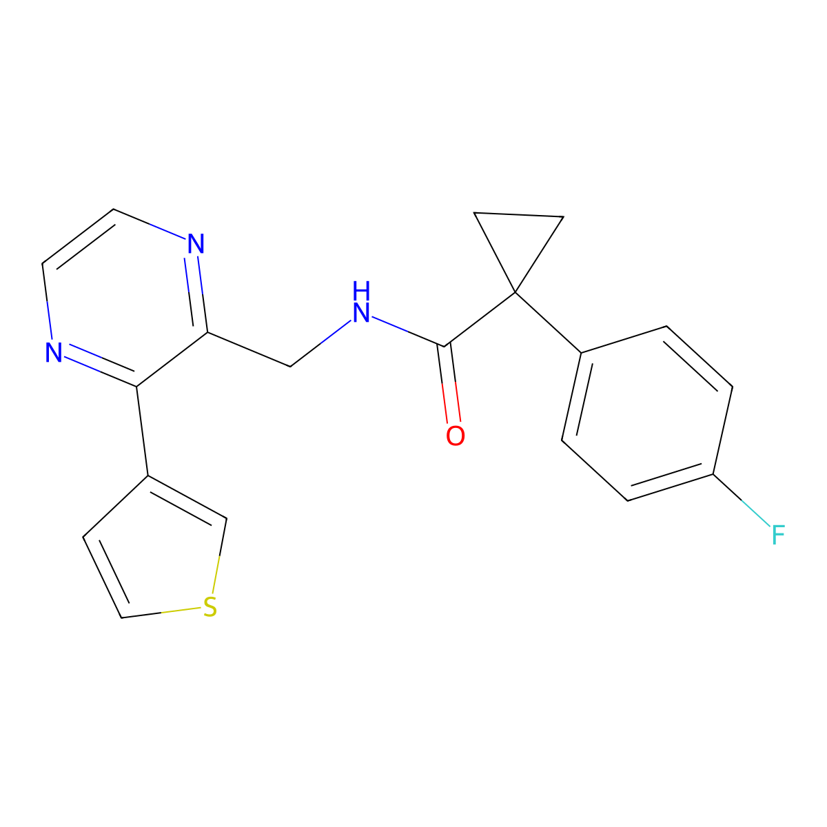 1-(4-fluorophenyl)-N-((3-(thiophen-3-yl)pyrazin-2-yl)methyl)cyclopropanecarboxamide molecular structure, CAS 2034368-84-6
