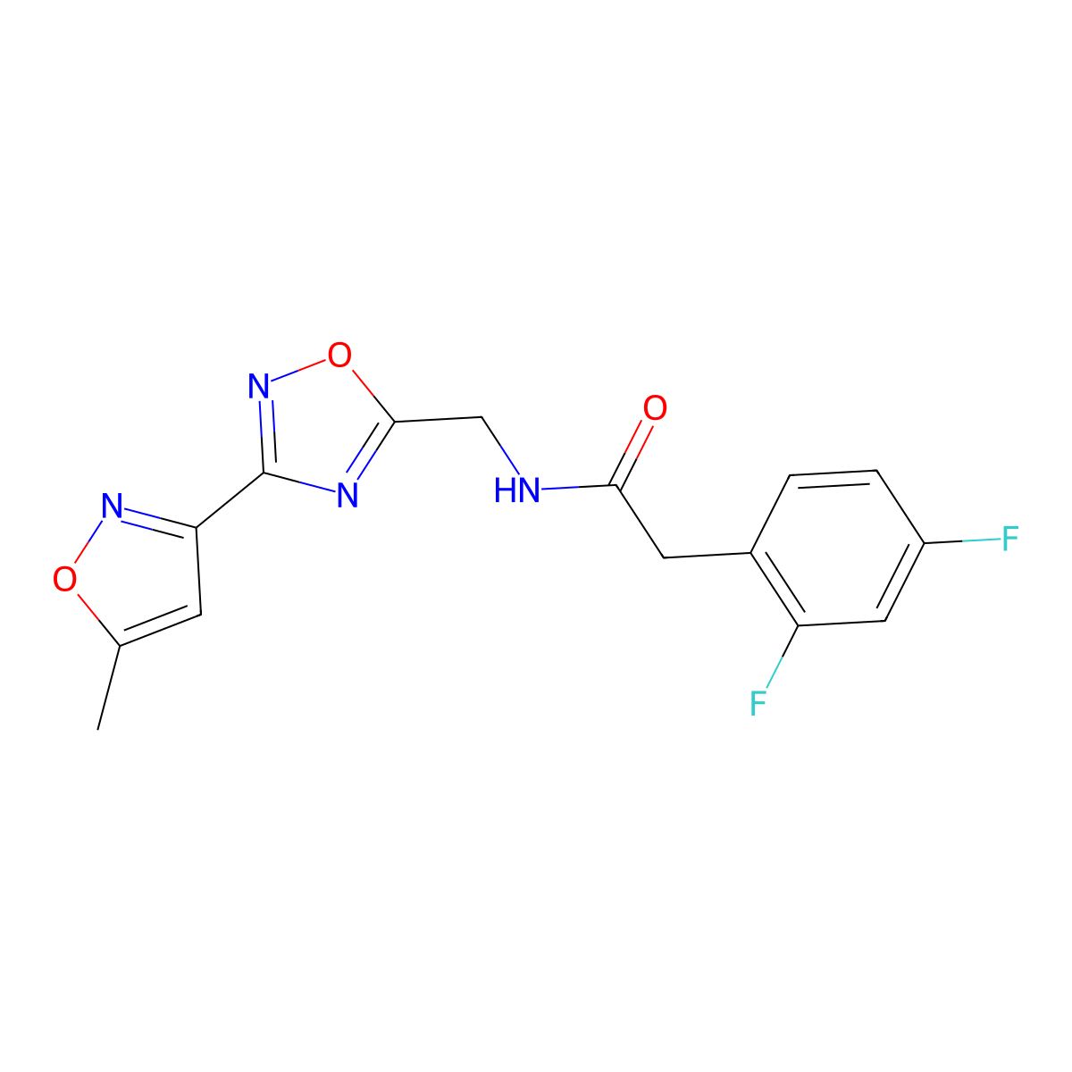 2-(2,4-difluorophenyl)-N-((3-(5-methylisoxazol-3-yl)-1,2,4-oxadiazol-5-yl)methyl)acetamide molecular structure, CAS 2034368-94-8