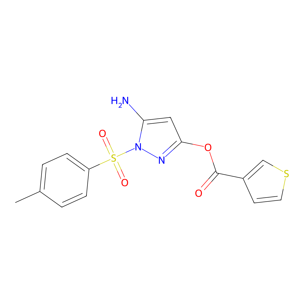 5-amino-1-tosyl-1H-pyrazol-3-yl thiophene-3-carboxylate molecular structure, CAS 2034368-95-9