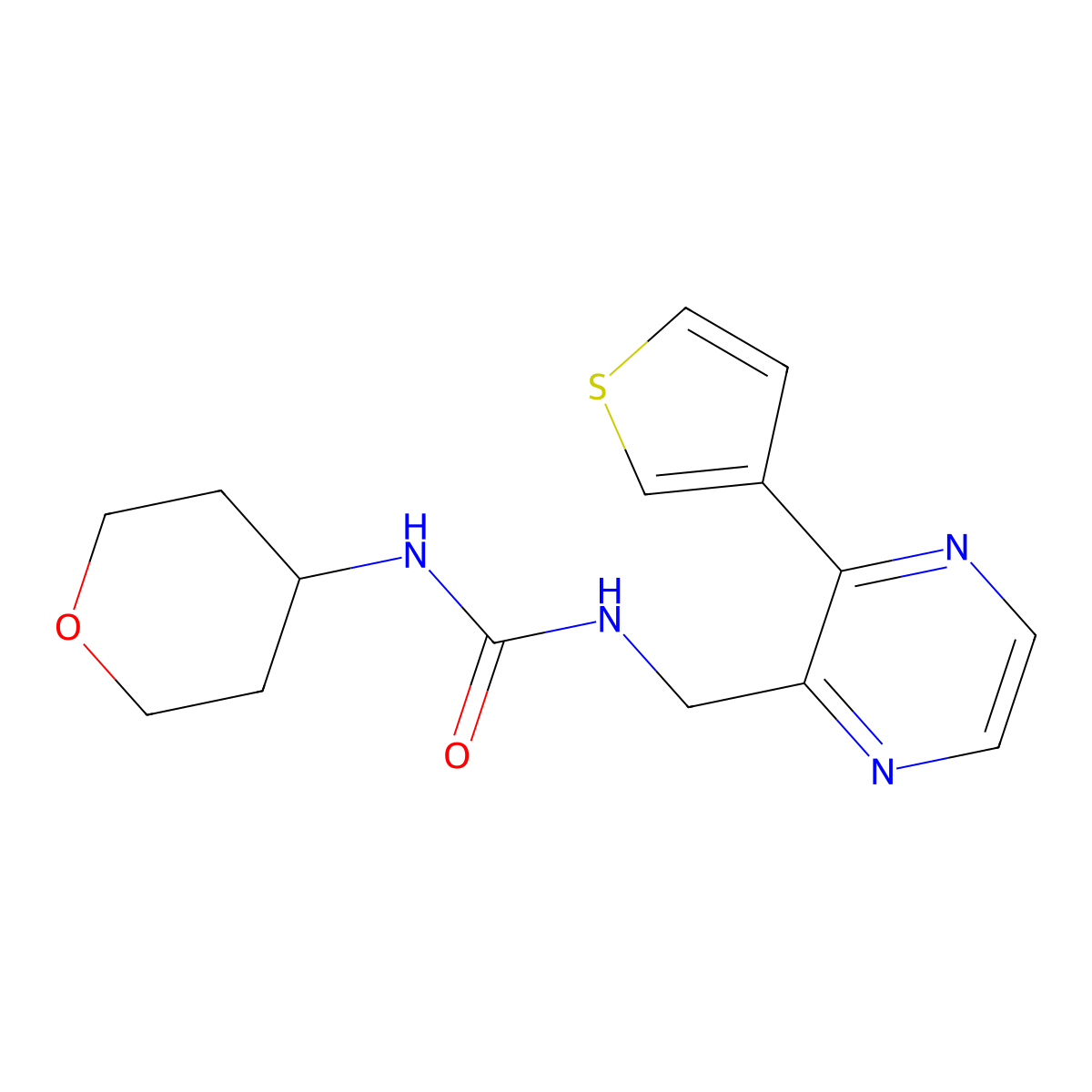 1-(tetrahydro-2H-pyran-4-yl)-3-((3-(thiophen-3-yl)pyrazin-2-yl)methyl)urea molecular structure, CAS 2034368-97-1