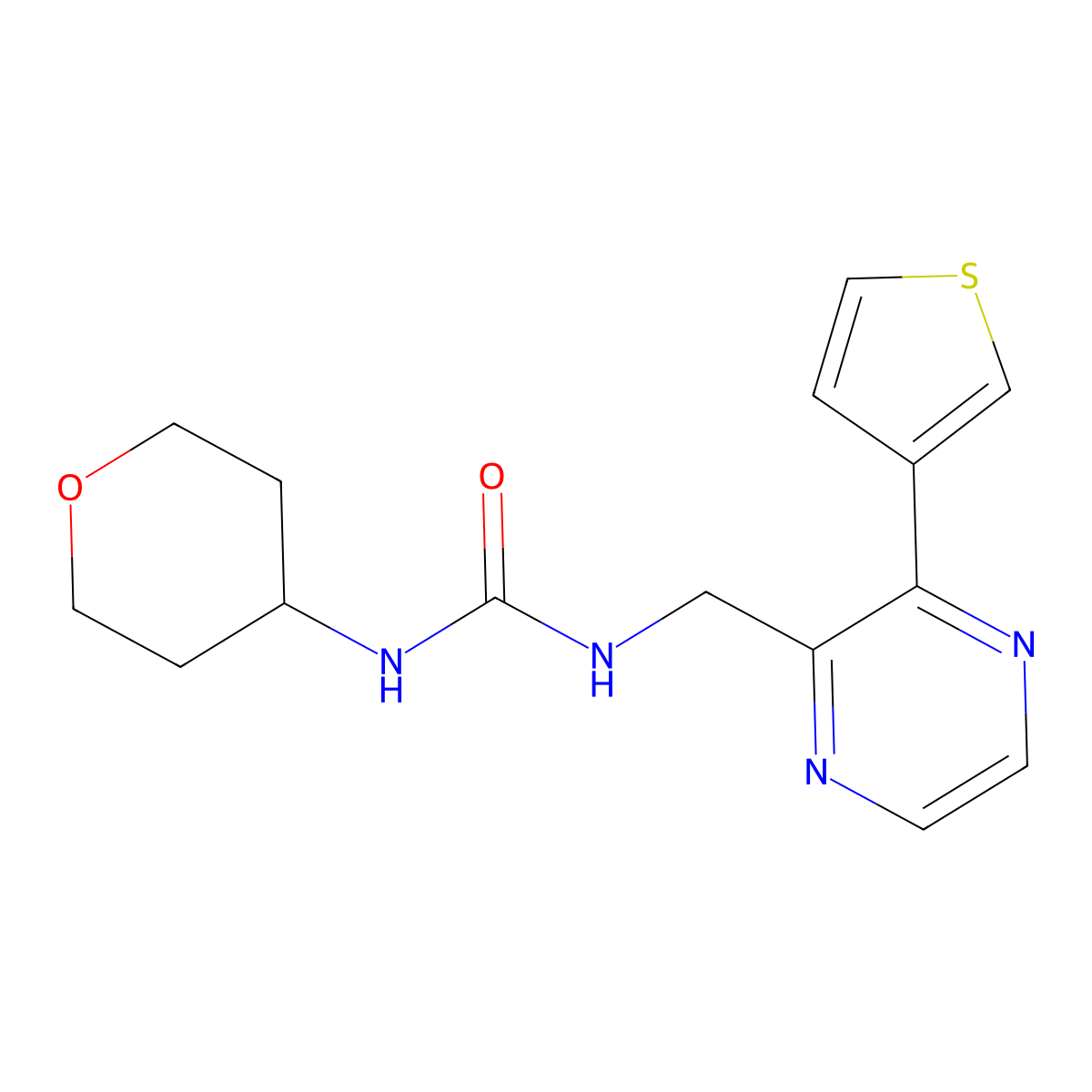 1-(tetrahydro-2H-pyran-4-yl)-3-((3-(thiophen-3-yl)pyrazin-2-yl)methyl)urea molecular structure, CAS 2034368-97-1
