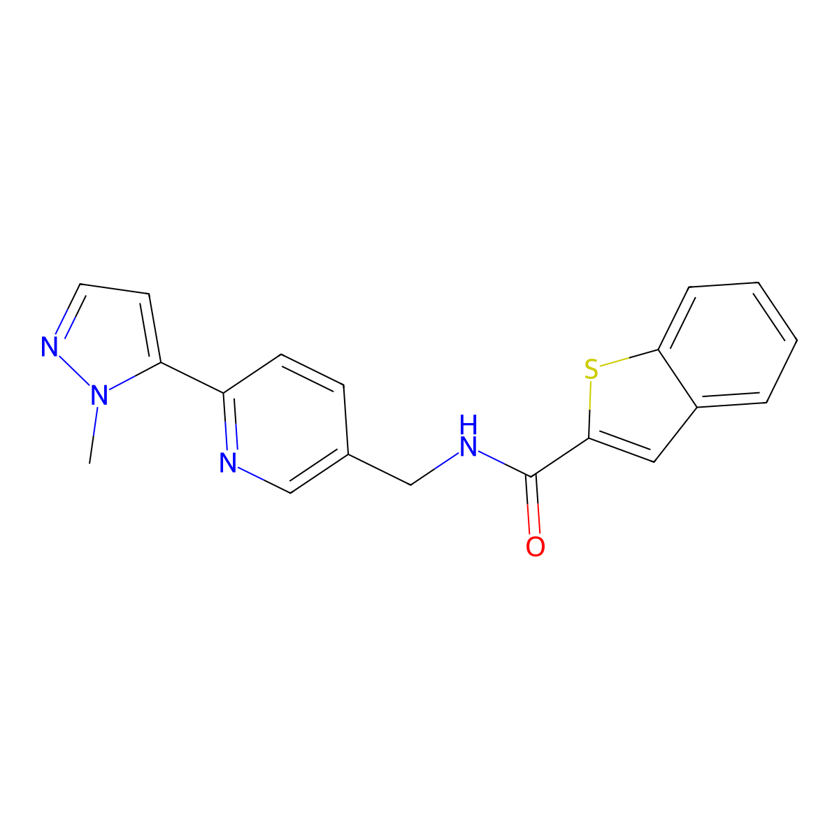 N-((6-(1-methyl-1H-pyrazol-5-yl)pyridin-3-yl)methyl)benzo[b]thiophene-2-carboxamide molecular structure, CAS 2034369-00-9