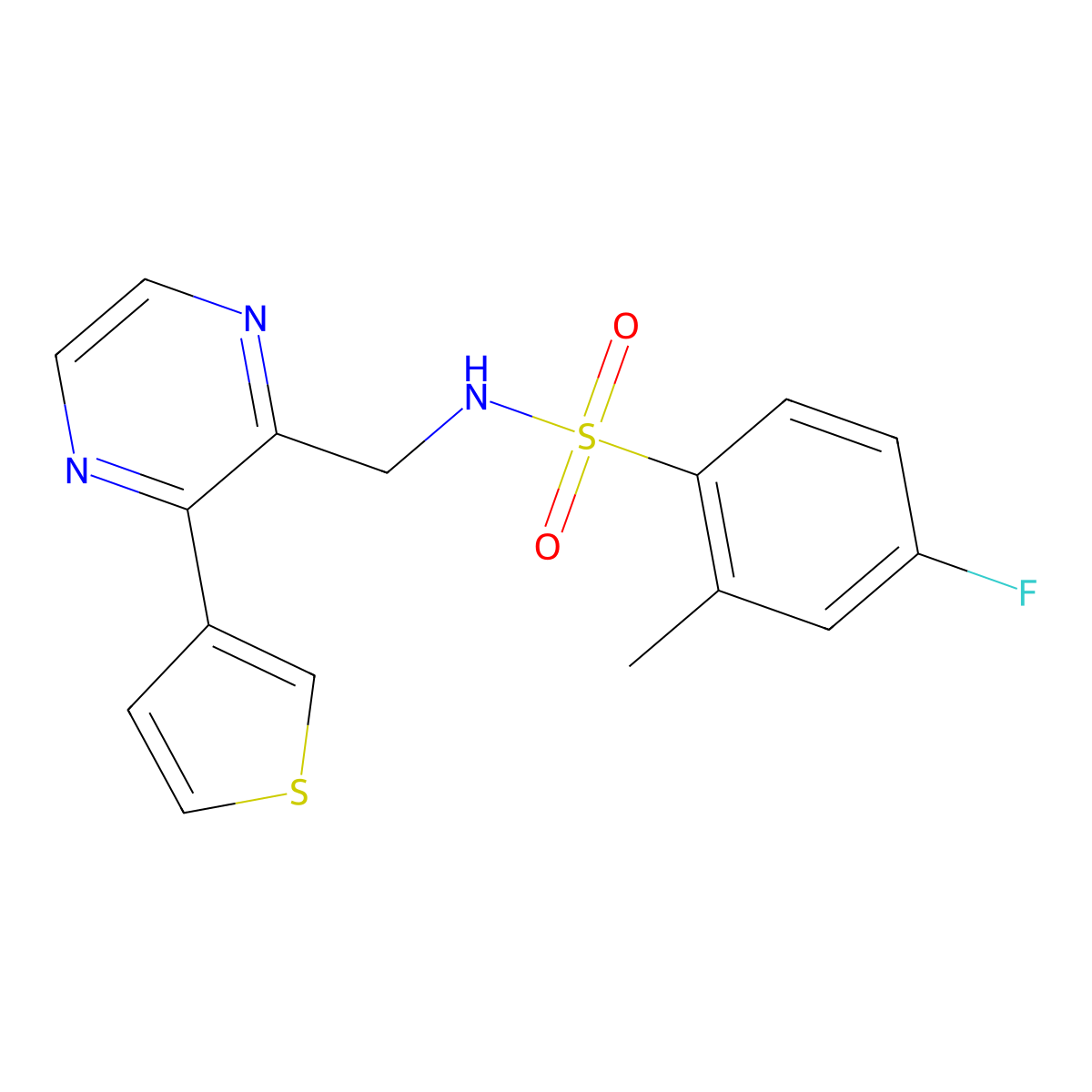 4-fluoro-2-methyl-N-((3-(thiophen-3-yl)pyrazin-2-yl)methyl)benzenesulfonamide molecular structure, CAS 2034369-12-3