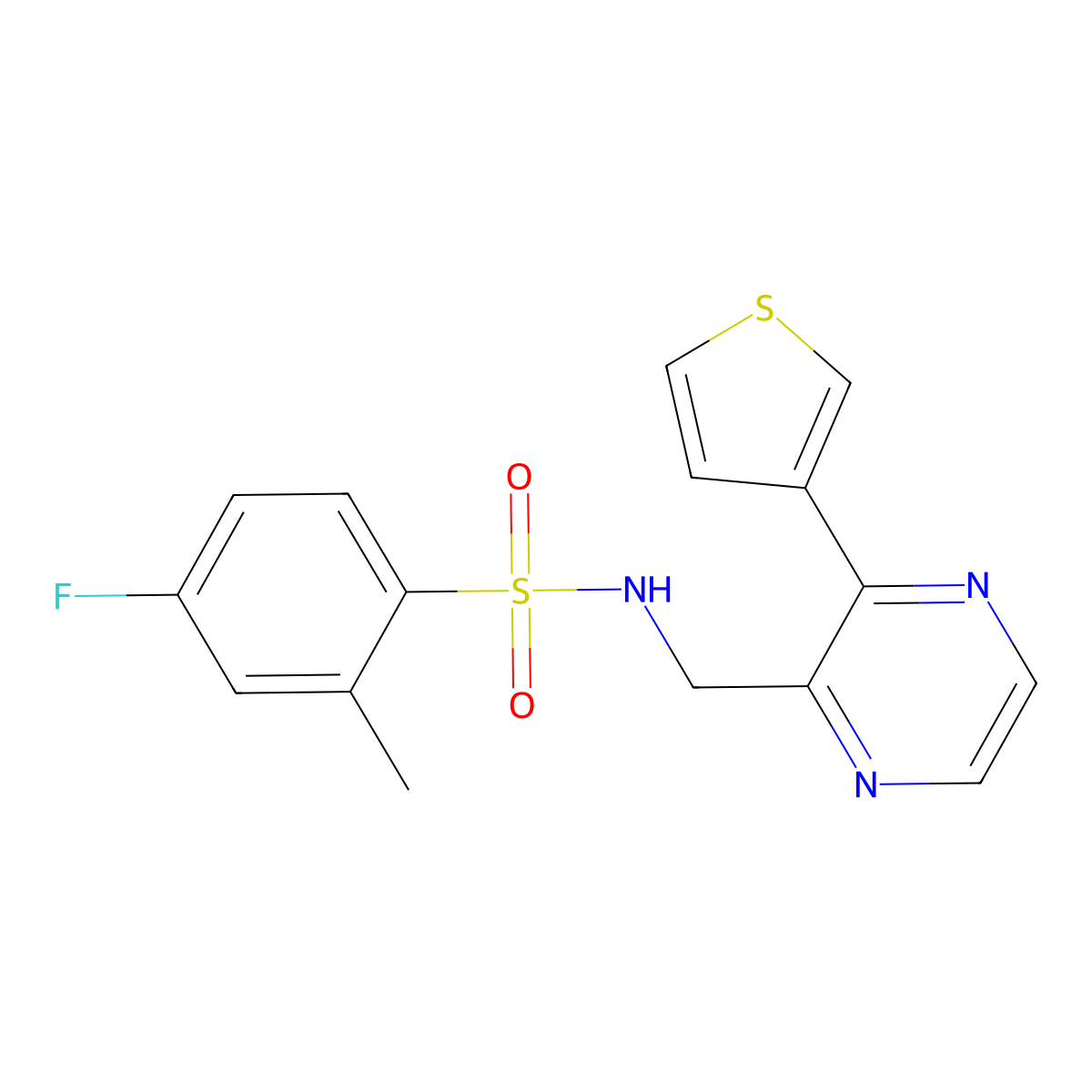4-fluoro-2-methyl-N-((3-(thiophen-3-yl)pyrazin-2-yl)methyl)benzenesulfonamide molecular structure, CAS 2034369-12-3