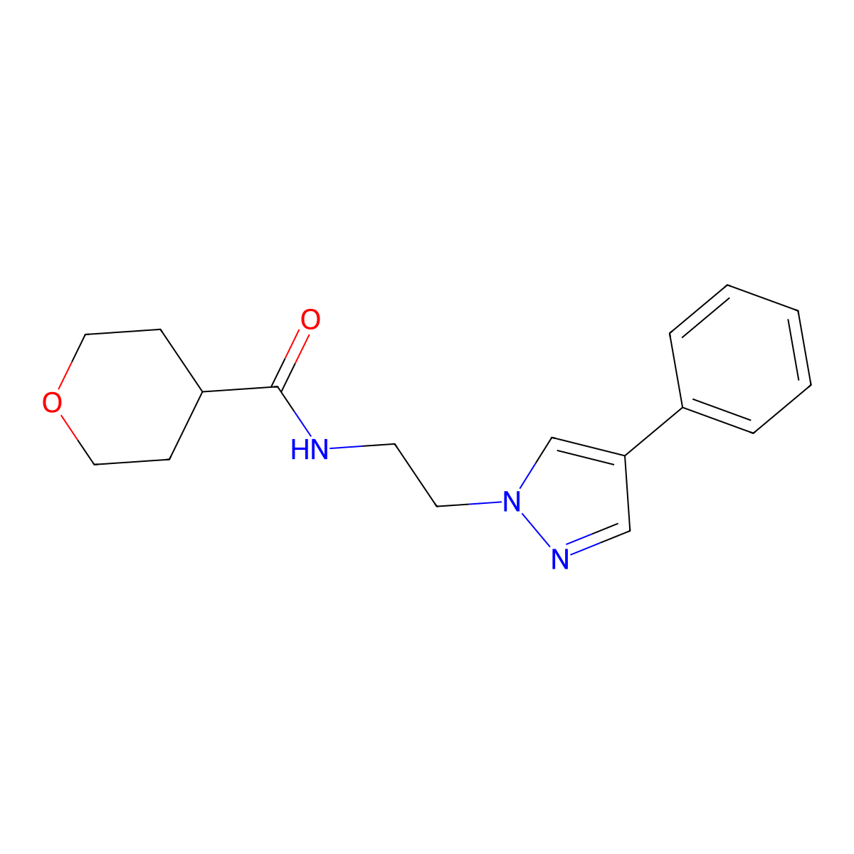 N-(2-(4-phenyl-1H-pyrazol-1-yl)ethyl)tetrahydro-2H-pyran-4-carboxamide molecular structure, CAS 2034369-15-6